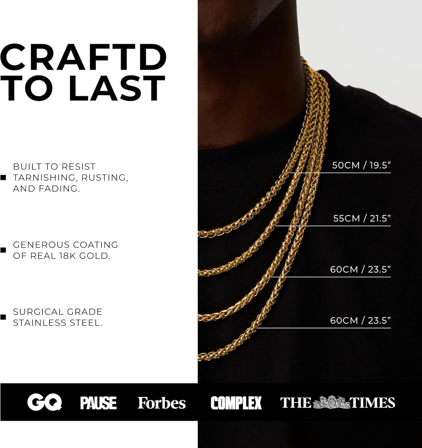 CRAFTD - Gold Wheat Link Chain - Durable 18K Gold & 316L Stainless Steel - Waterproof, Heat & Sweat Resistant - Gifts for Men - Men's Jewelry