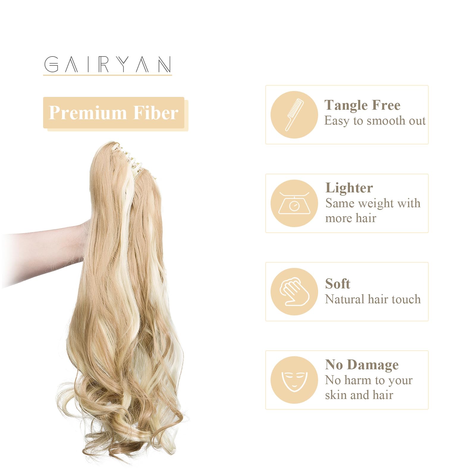 Gairyan 20inch Ponytail Extension Clip in Ponytail Hair Extensions Curly Wavy Pony Tails Claw on Ponytail Long Wave Synthetic Hairpieces for Women Soft Real Look (Sandy Blonde & Bleach Blonde) - Image 3