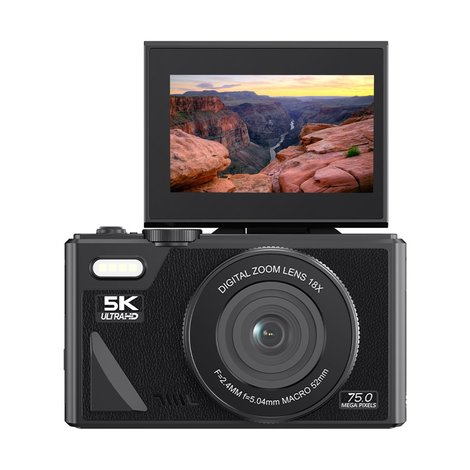 VBESTLIFE Aparat Cyfrowy 5K, Kamera Vlogging 75MP WiFi na YouTube, Autofokus Kompaktowa Kamera Podróżna 3 "180 ° Flip Screen z 18-krotnym Zoomem (BLACK)