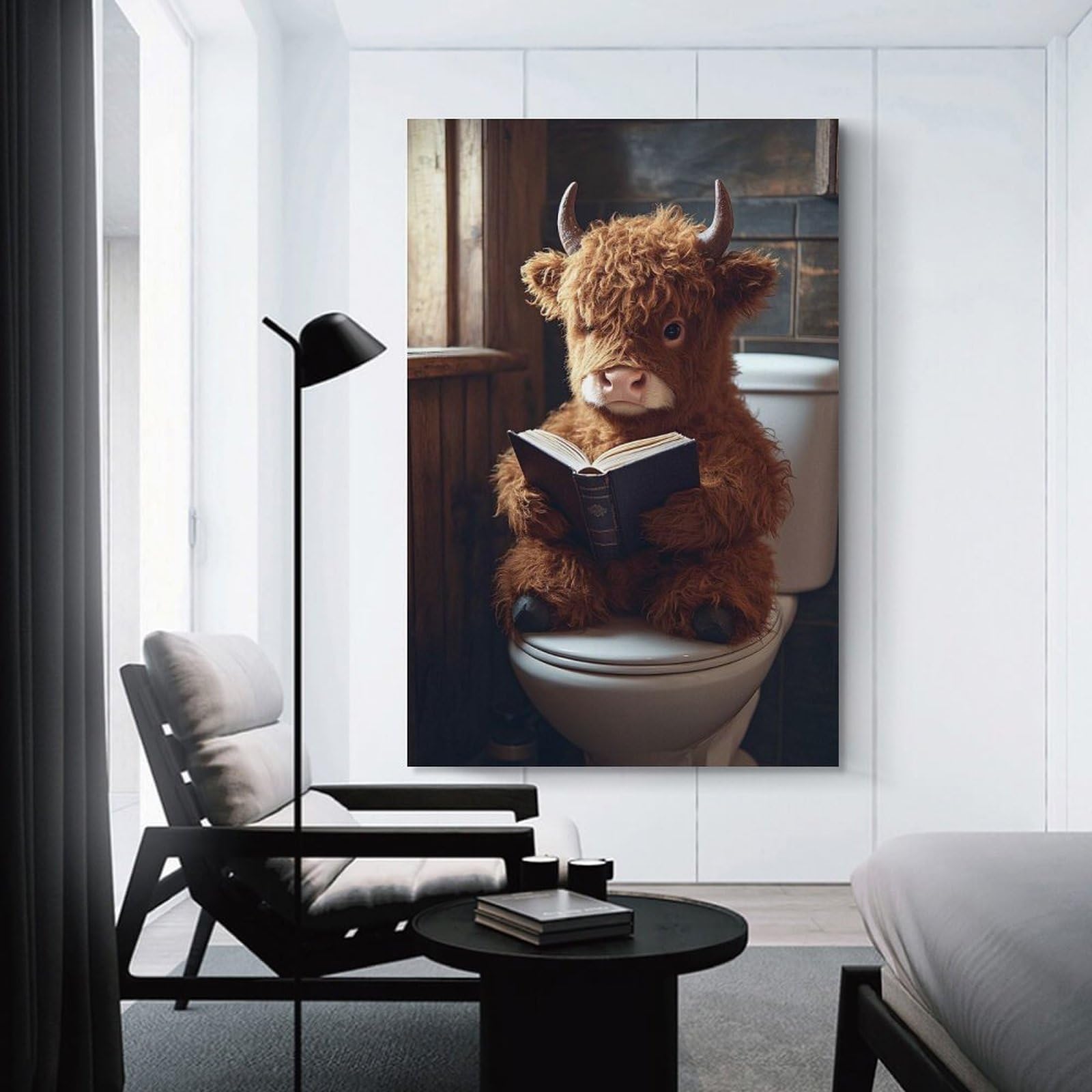 Junmoney Unframe-Style-18 Highland Cow Reading A Book On Toilet Decorative Wall Artwork, 24X36inch(60X90cm), For Work Areas, Reading Rooms Or Studios, Wall Art That Adds Style To Work Areas
