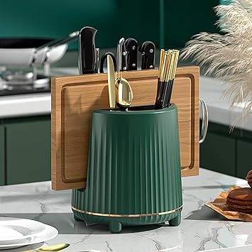 House of Quirk Kitchen Utensil Holder for Countertop Chopping Board Holder Kitchen Organizer Cutlery Holder Caddy Crock Silverware Flatware Organizer (Green) - image, photos