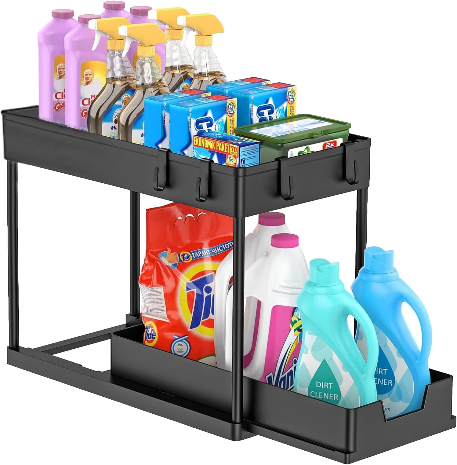 Under Sink Organizers and Storage Pull Out Sliding Drawer,2 Tier Kitchen Under The Sink Organizer Under Bathroom Sink Shelf Storage Rack, 4 hooks, Multi-purpose Storage Shelf (BLACK)
