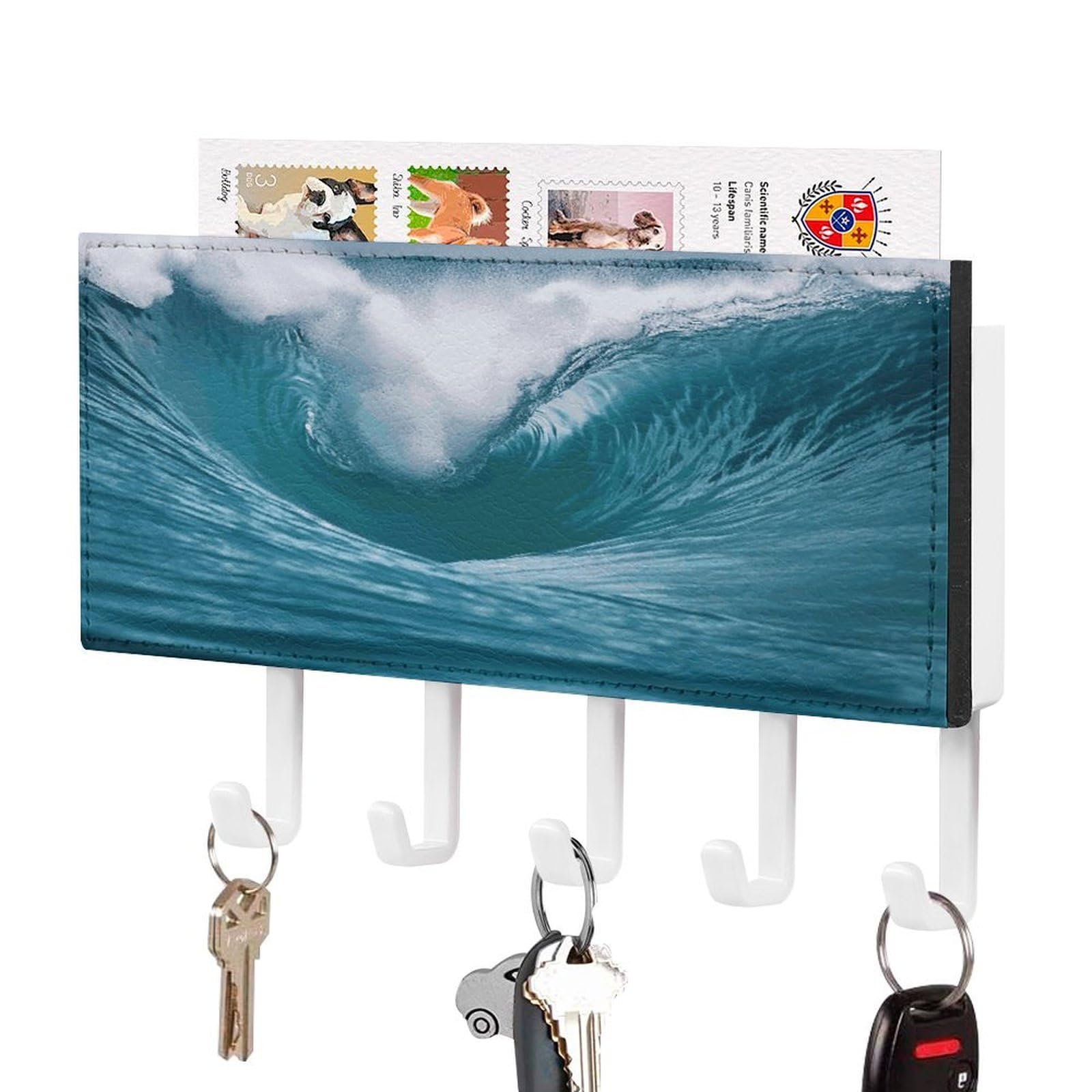 FekiLoot Ocean Wave Key Holder for Wall Decorative Mail Organizer with 5 Key Hook Self Adhesive Key Rack with Tray Coat Rack Wall Mount Key Hanger Decor for Entryway Door