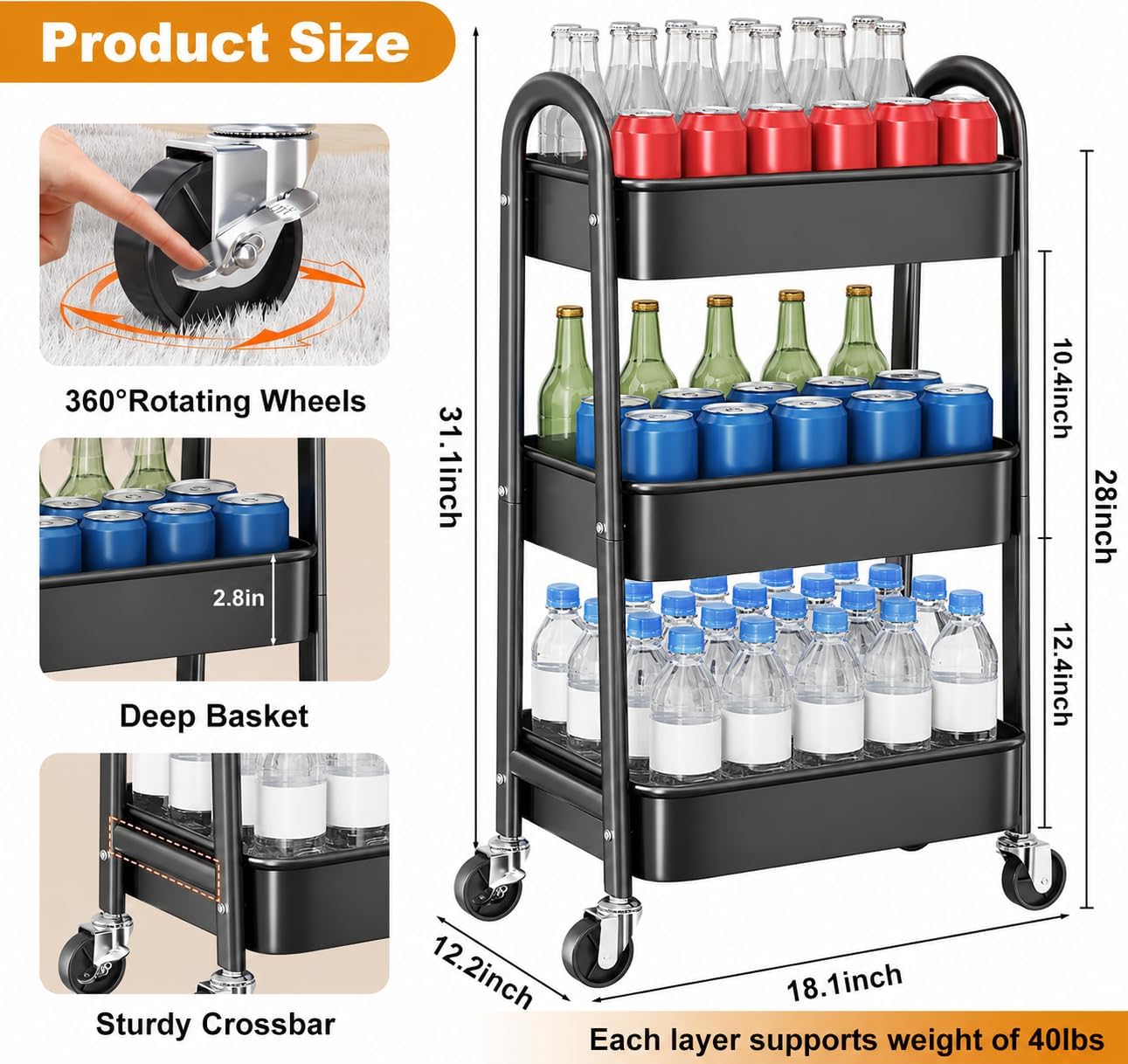 3 Tier Metal Rolling Cart Organizer, Black Utility Storage Cart with Wheels image 2