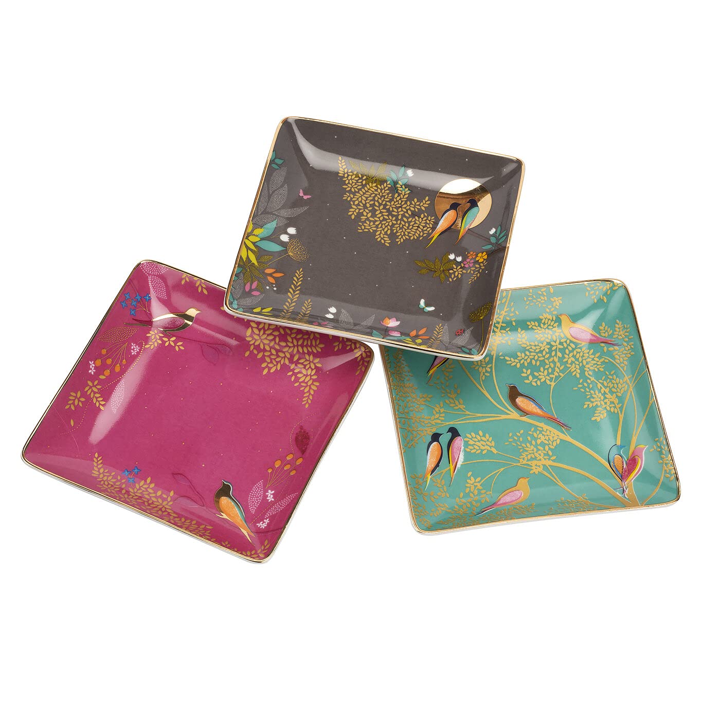 Sara MillerSMC79247-XG Trinket Dish Set of 3 Square Tray, 22 Carat Gold Bird Detail, Porcelain