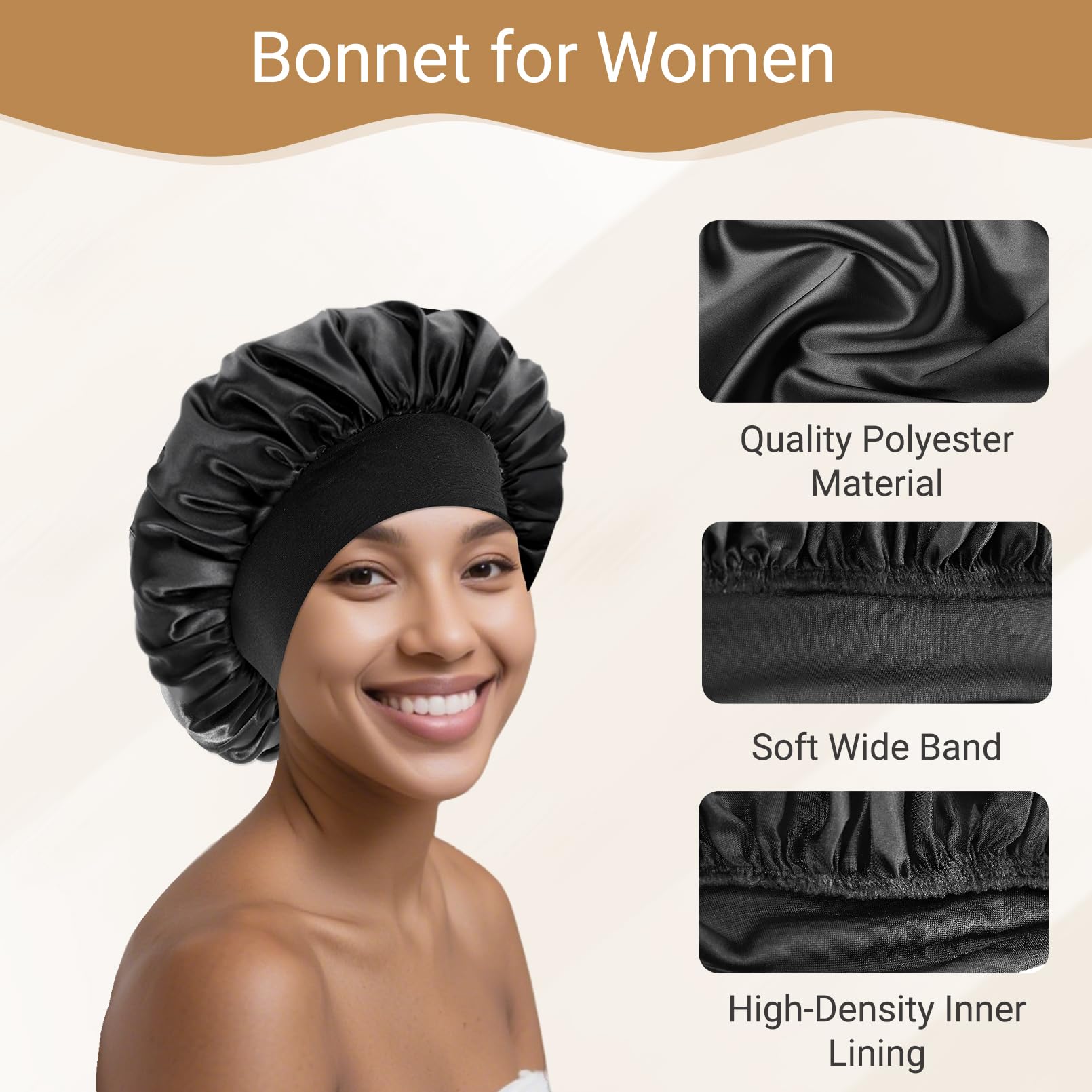 12 cuffie in raso per dormire, con fascia elastica larga, per donne, trecce, capelli ricci, nero