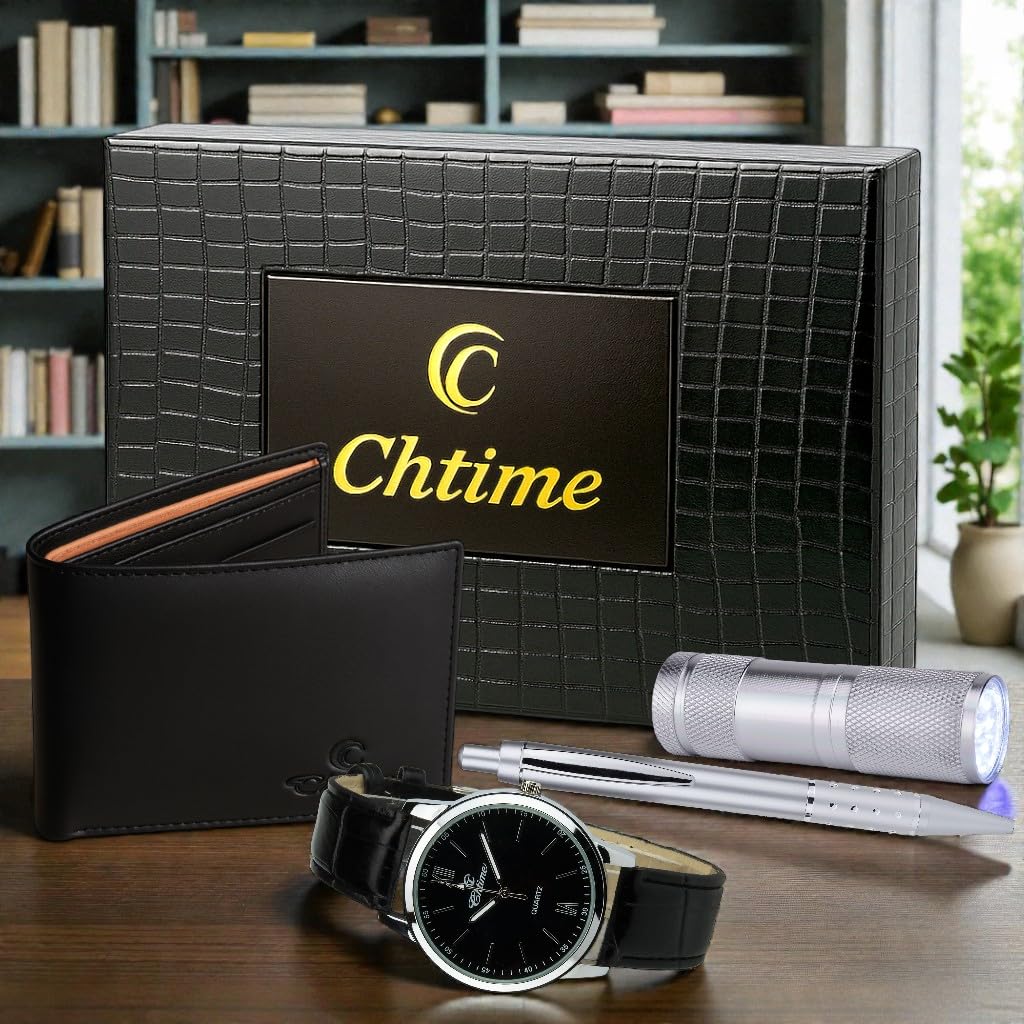 Coffret cadeau Montre Homme Noir - Lampe LED - Portefeuille - stylo