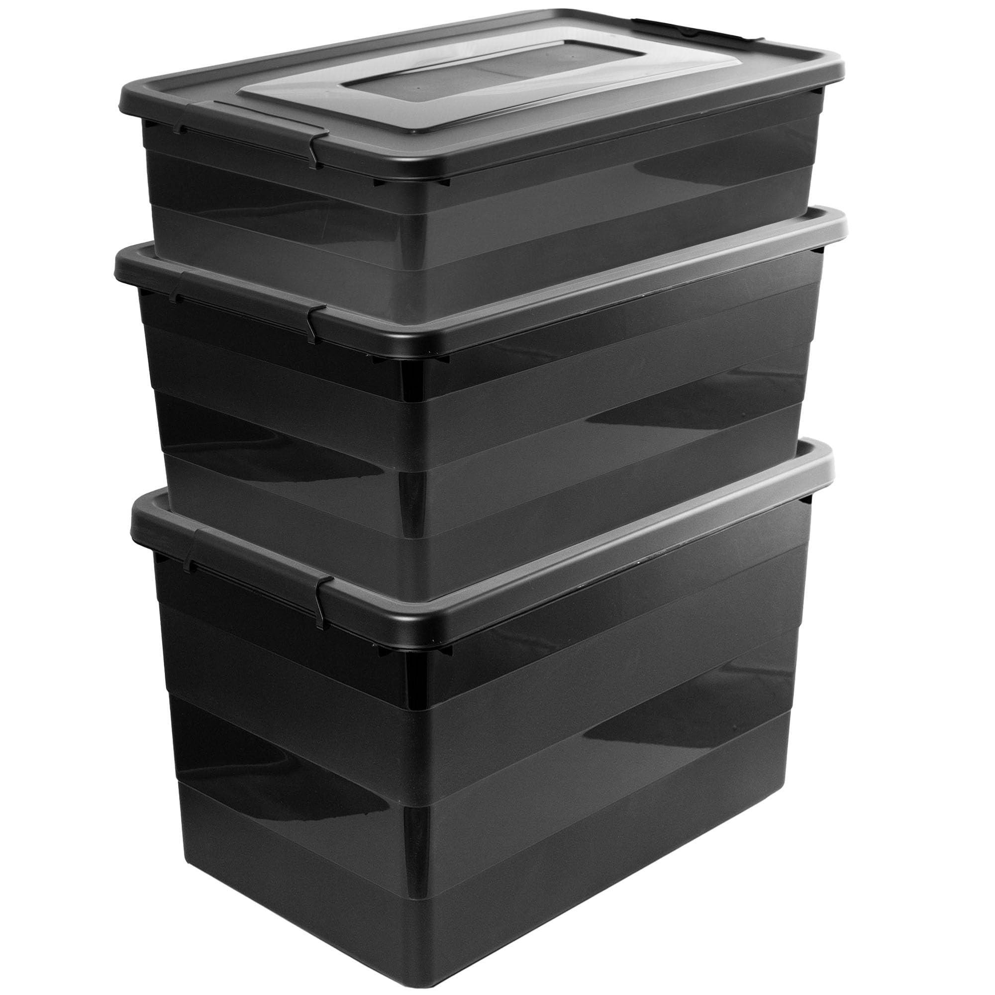 3x Aufbewahrungsbox Mit Deckel Mit Rollen 3er-Set 28L, 40L, 55L Organizer Kunststoff Behälter Container Mit Rädern Kleiderboxen Box Plastik Schwarz