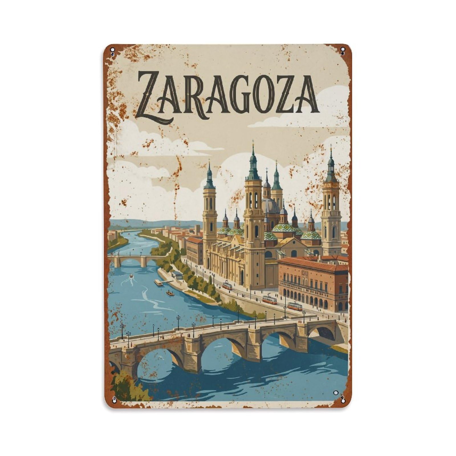 Cmhok Vintage Style Vintage Travel Zaragoza Spain Metal Tin Sign Wall Decor For Cafe, Club, Garden Metal Poster 8X12inch