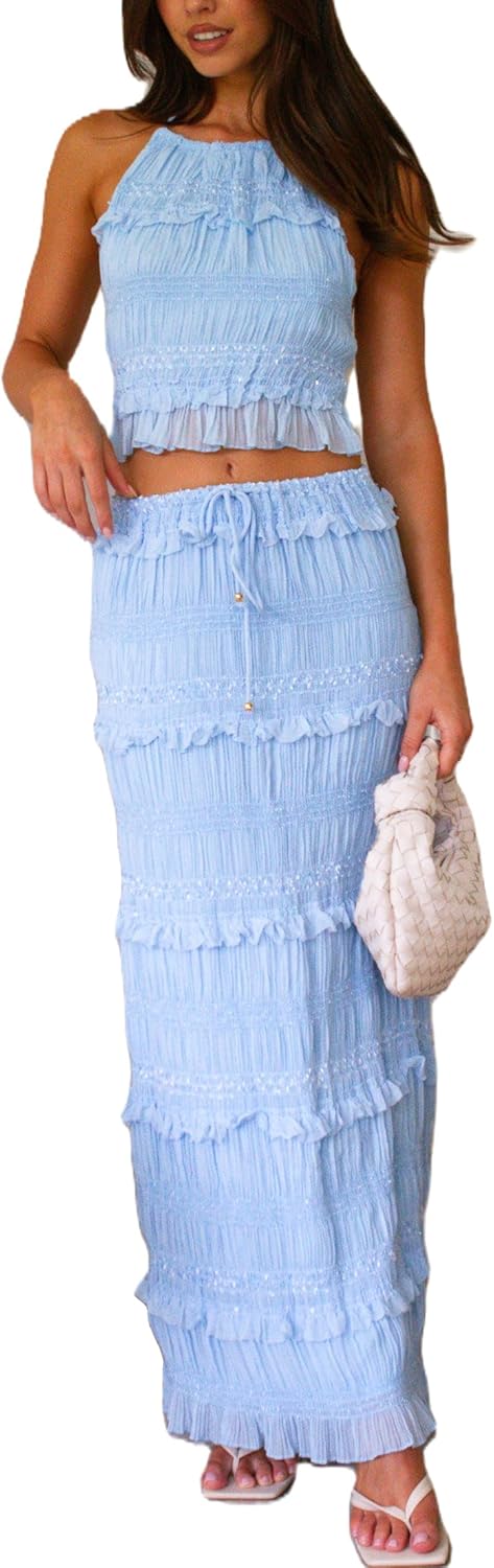 Two piece maxi skirt set vacation outfit for summer women.