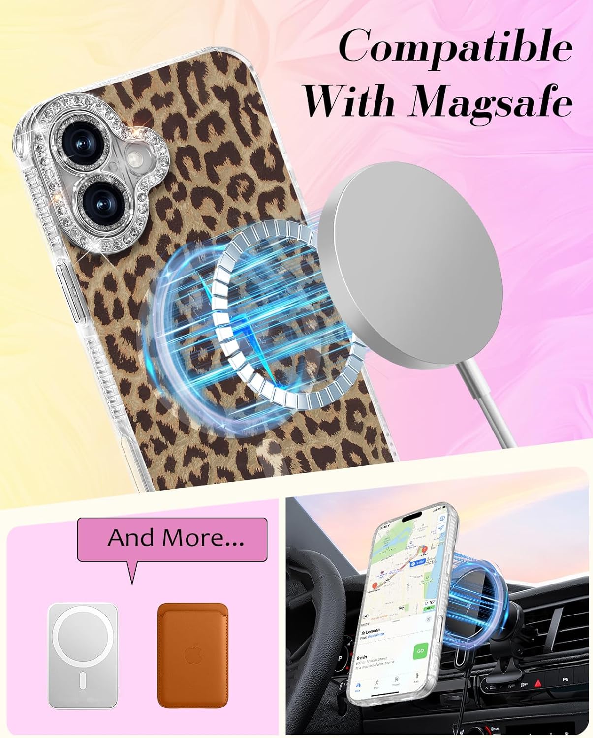 Toycamp for iPhone 16 Plus Case - Compatible with Magsafe Aesthetic Cute Brown Leopard Laser Holographic i 16 Plus Case with Diamond Bling Lens Protector for Apple 16 Plus Cover for Women Girls - Image 3