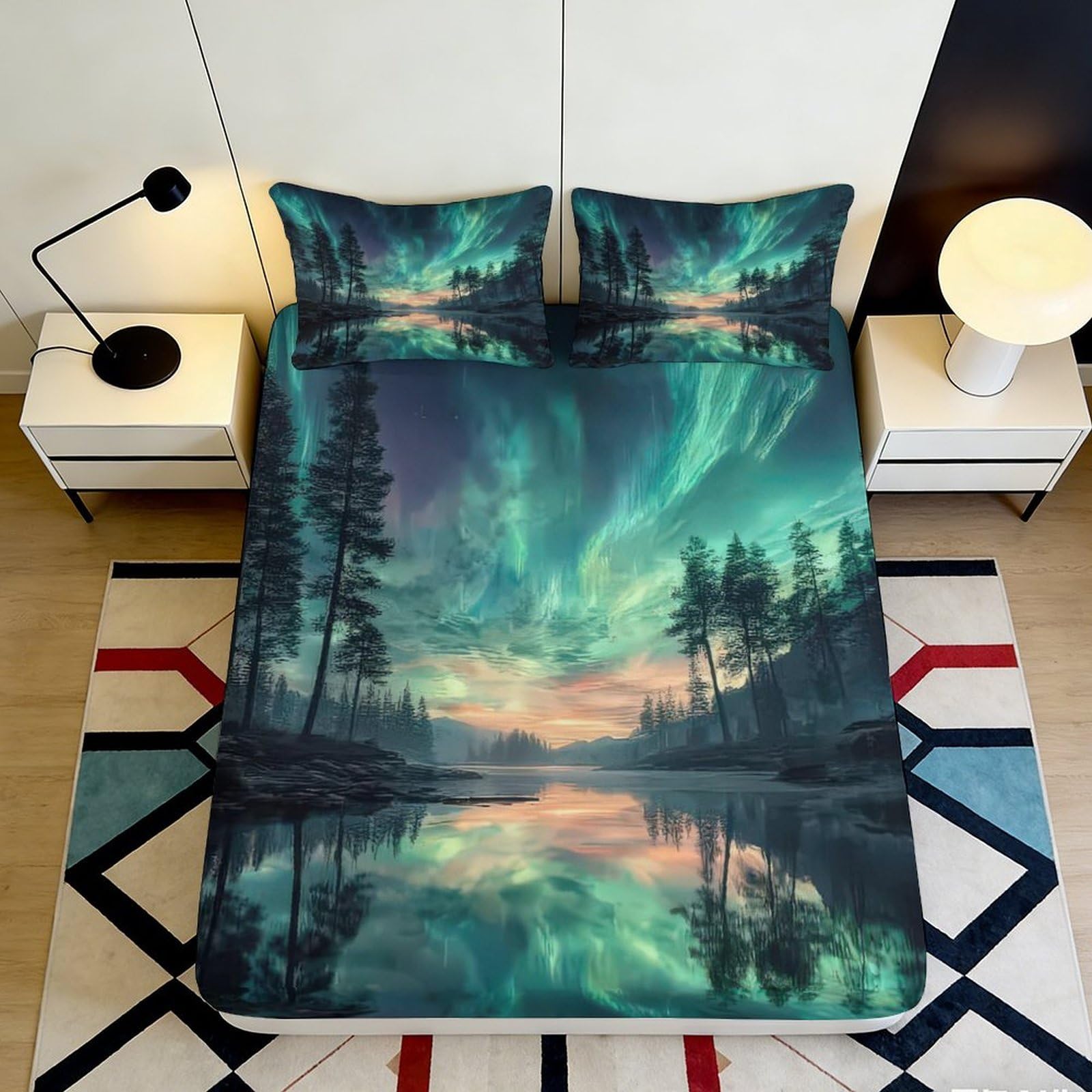 3D Printed Aurora Boreal Forest Fitted Sheet Microfiber Soft Breathable Sunset Lake Mattress Cover for Bedroom Dorm Decor 90x200x25cm