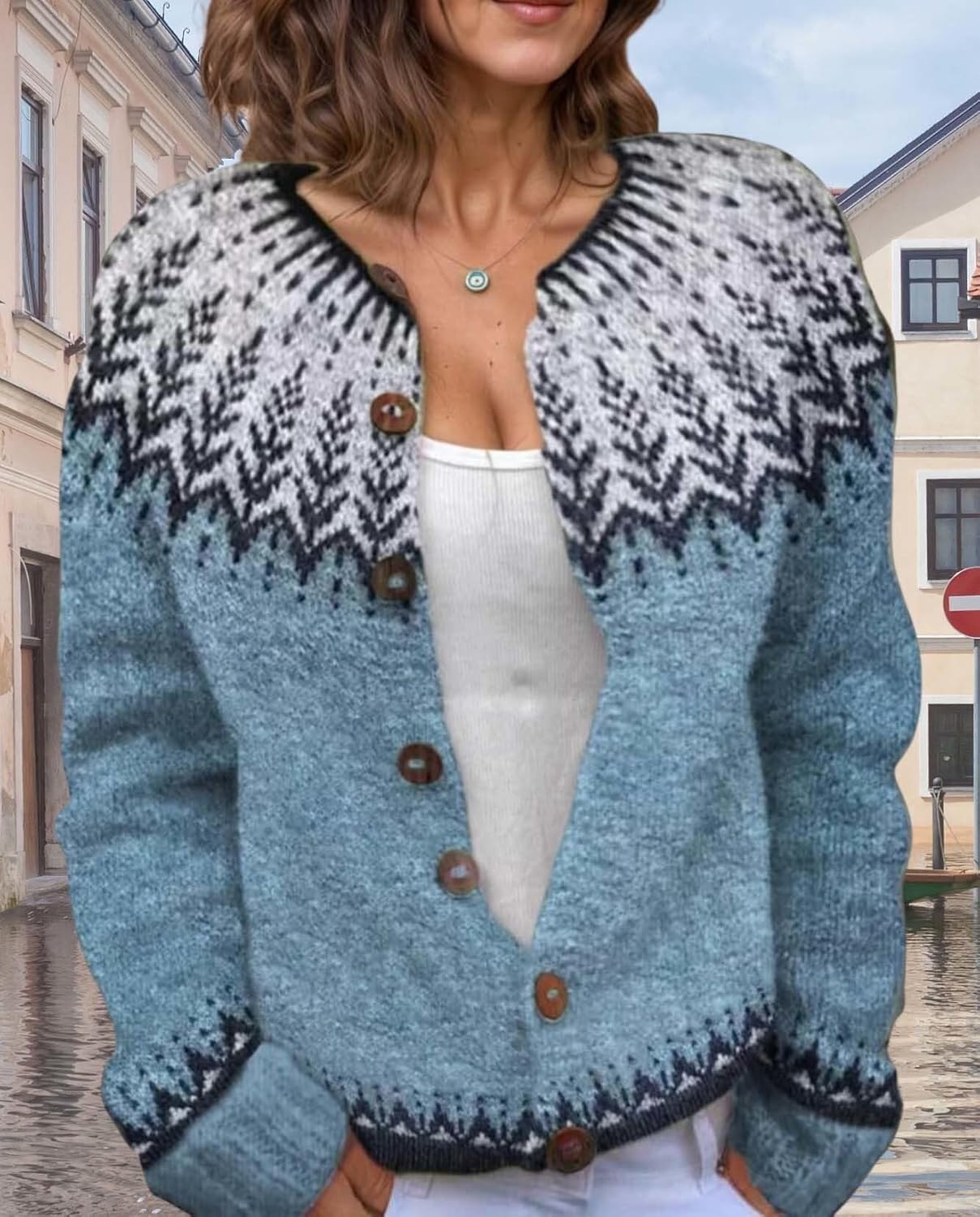 Women's Fair Isle Pattern Knit Cardigan Sweater Vintage Button Down Open Front Jacket Coat for Fall & Winter 2025 - Image 7