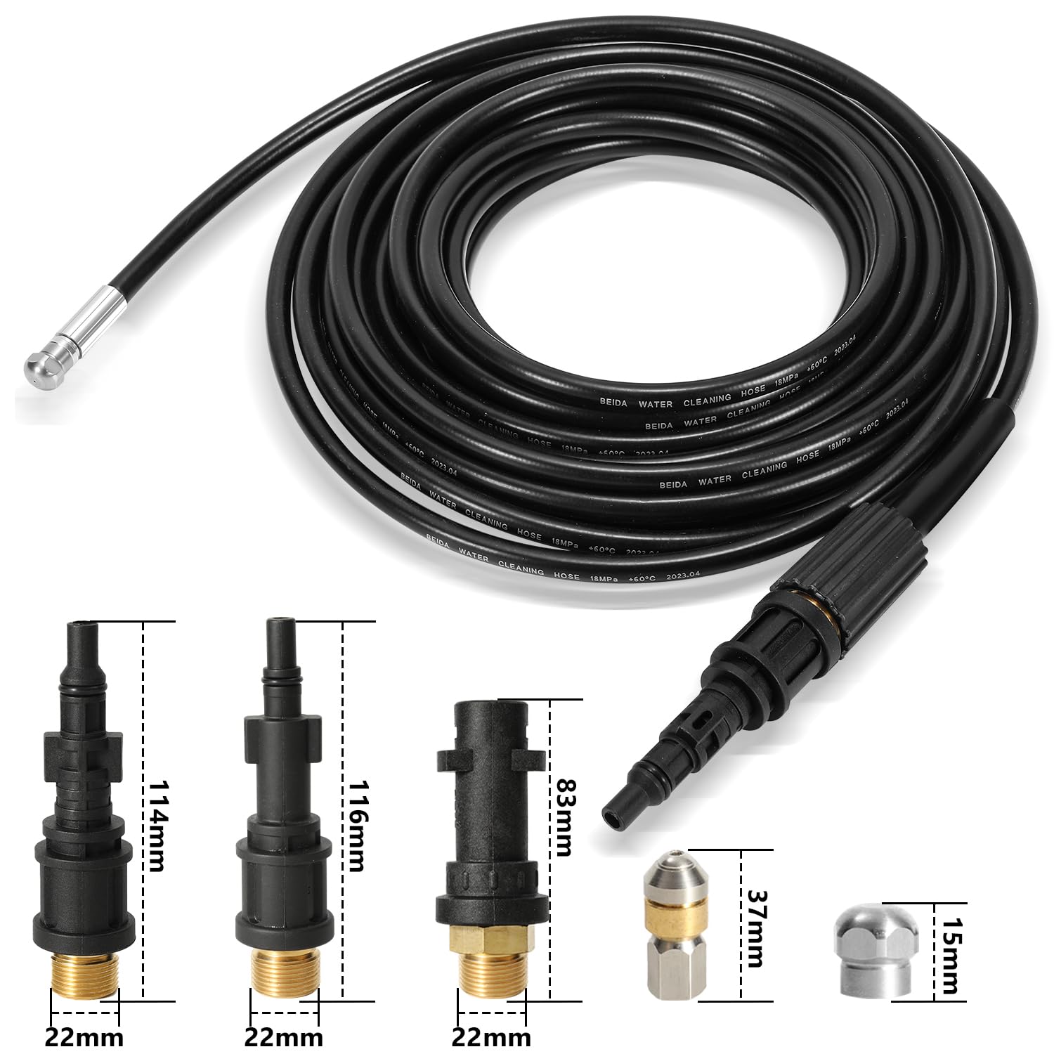 Lospitch Rohrreinigungsschlauch 15 m Set für Kärcher K2 K3 K4 K5 K6 K7 HD Hochdruckreiniger, 160 bar, mit 2 Adaptern und 2 Düsen, starr + rotierend, 1/8 Anschluss, Rohrreinigungsset