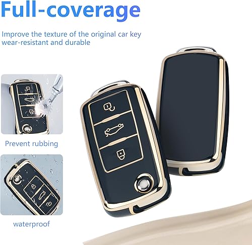 Miniatura 3 de YHC Funda para llave de coche VW Volkswagen con llavero dorado compatible con Jetta Beetle Tiguan Passat Golf