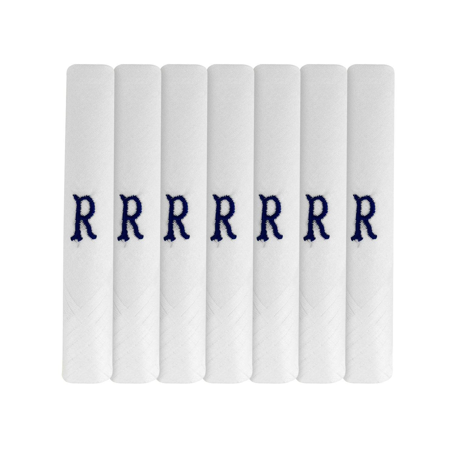 7 Pack Of Mens Initial Embroidered White Handkerchiefs With Satin Border, Various Letters