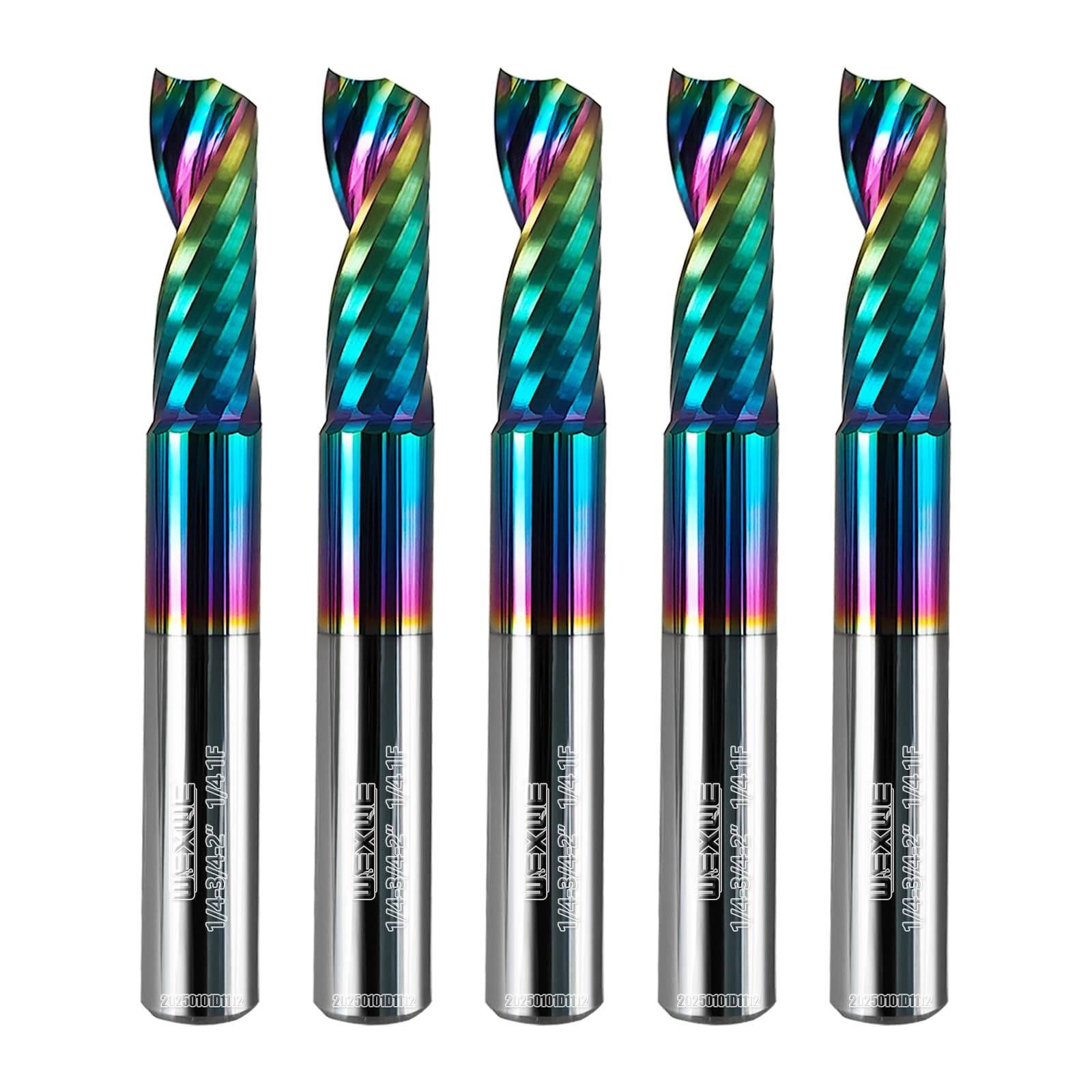 Tools Zestaw 5 frezów z węglików spiekanych CNC z pojedynczym rowkiem - do płyty akrylowej, aluminium, drewna, tworzywa sztucznego, mosiądzu, miedzi, trzpień, Ø 6,35 mm, 1 rowek