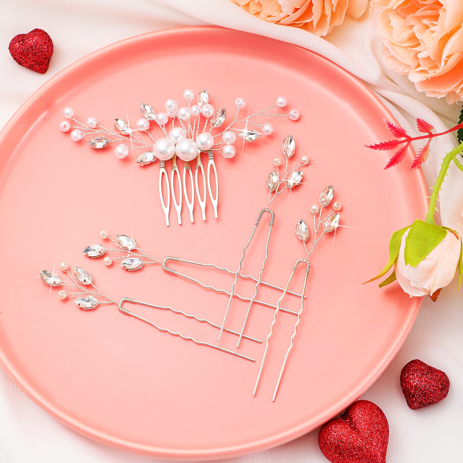 9 Stück Perlen Braut Hochzeit Haarkamm Perlen Haarnadeln Set Braut Steckkamm U Förmige Haarspangen Perle Bobby Haarnadeln Hochzeit Haarschmuck für Damen Mädchen (Silber, Retro Stil)