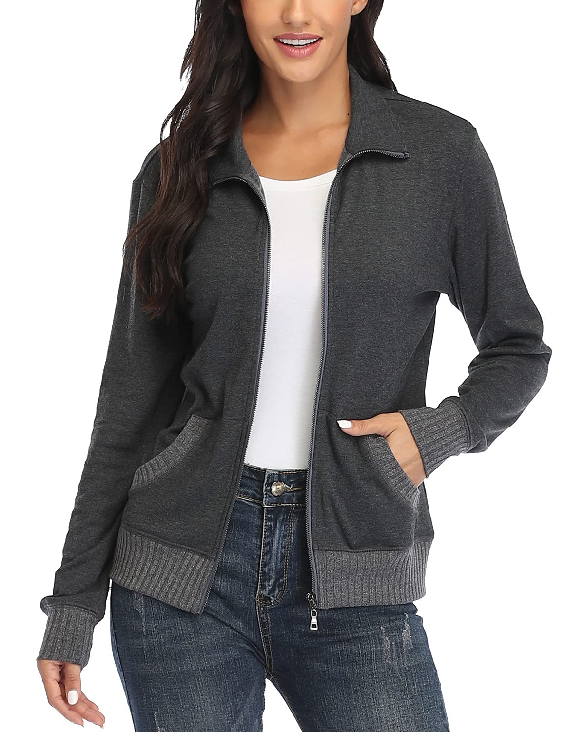 andy & natalie Women's Stand Collar Zip up Long Sleeve Jacket with Pockets Running Sweatshirts Jackets