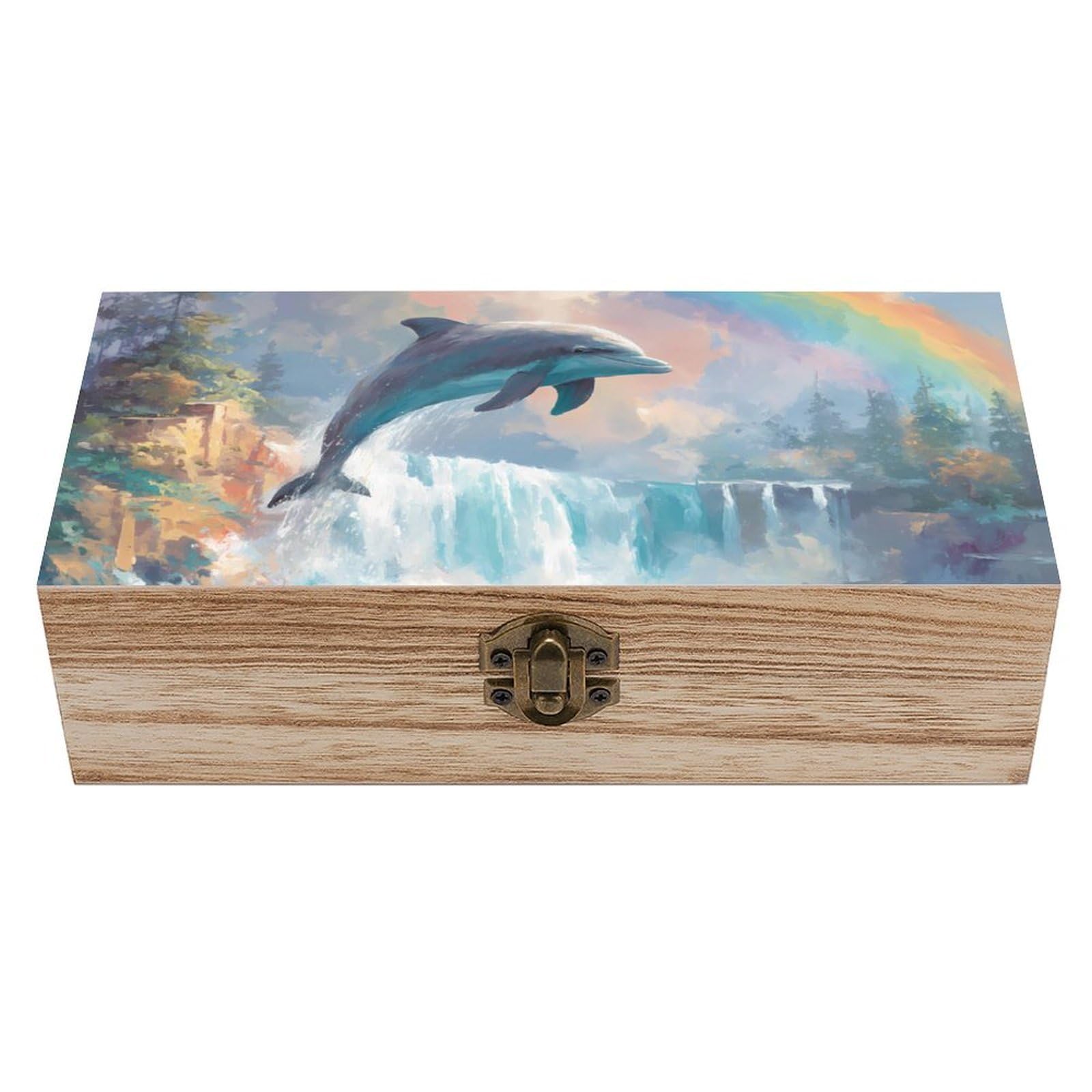HLBSDM Dolphins Jumping Waterfall Rainbow Wooden Storage Box Craft Memory Keepsake Treasure Chest Box Jewelry Organizer