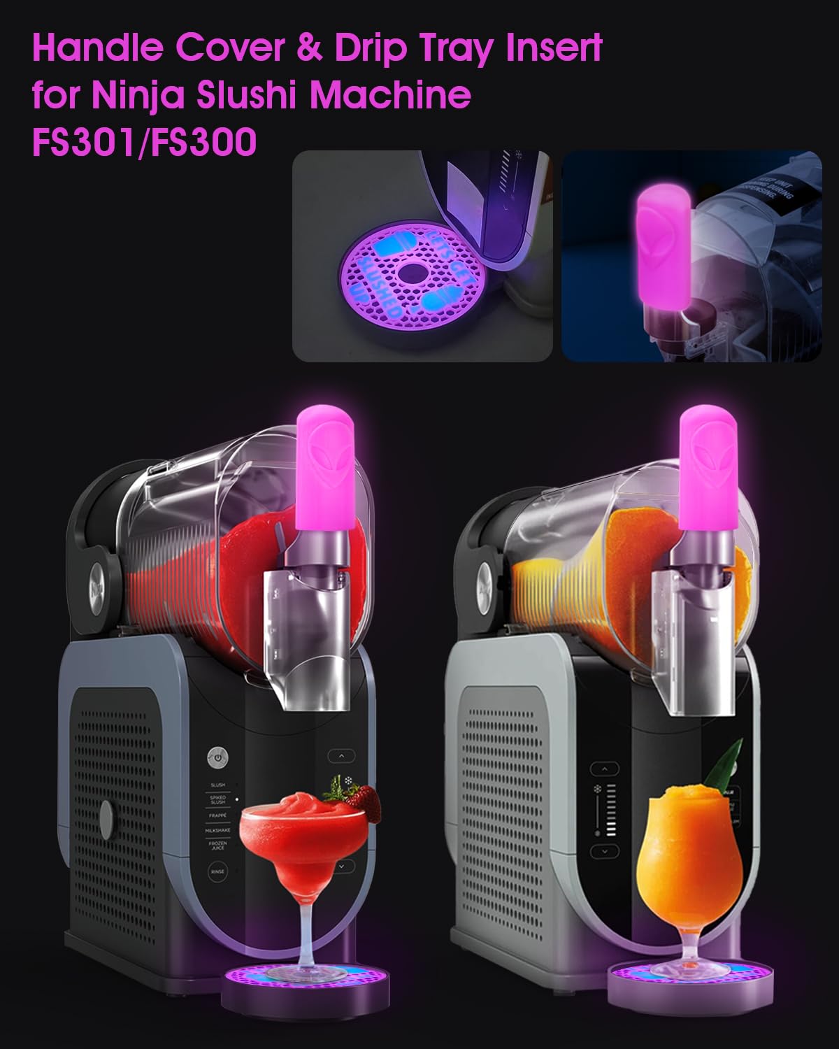 Luminous Handle Cover & Drip Tray Insert for Ninja Slushi Machine FS301/FS300 - Decorate Your Slushie Device - 3D Printed PETG Accessories with Anti-Slip Design (Alien Red, Glow-in-the-Dark)