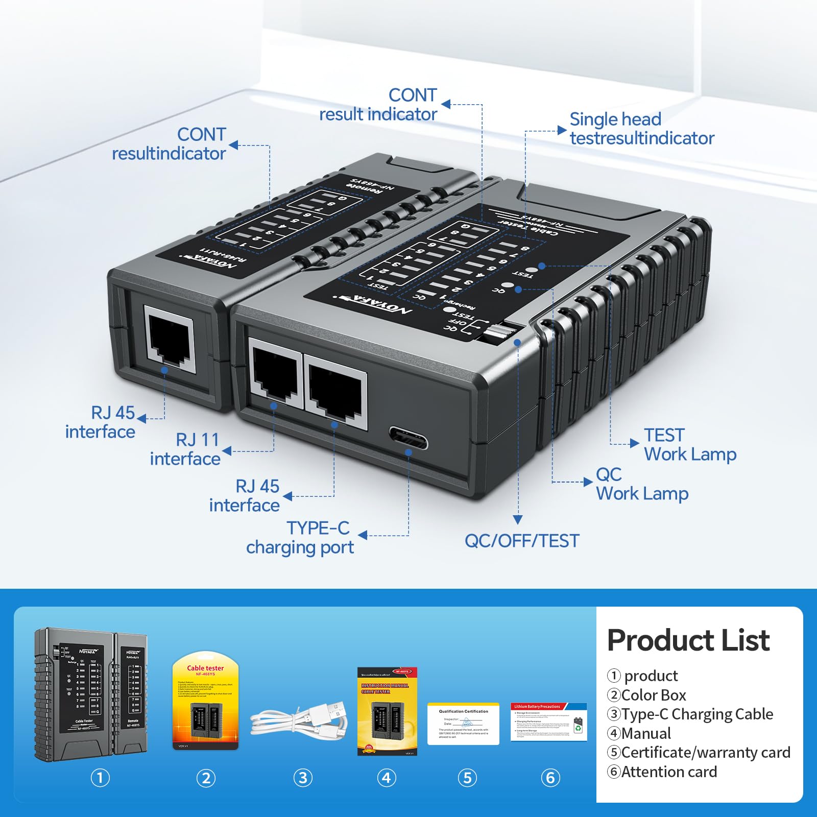 NOYAFA NF-468YS Testeur de câble réseau, testeur de câble Ethernet pour RJ11, RJ12, RJ45, CAT5, CAT6, CAT7, testeur de continuité, test PoE, vérificateur de câble UTP/STP, outil réseau LAN