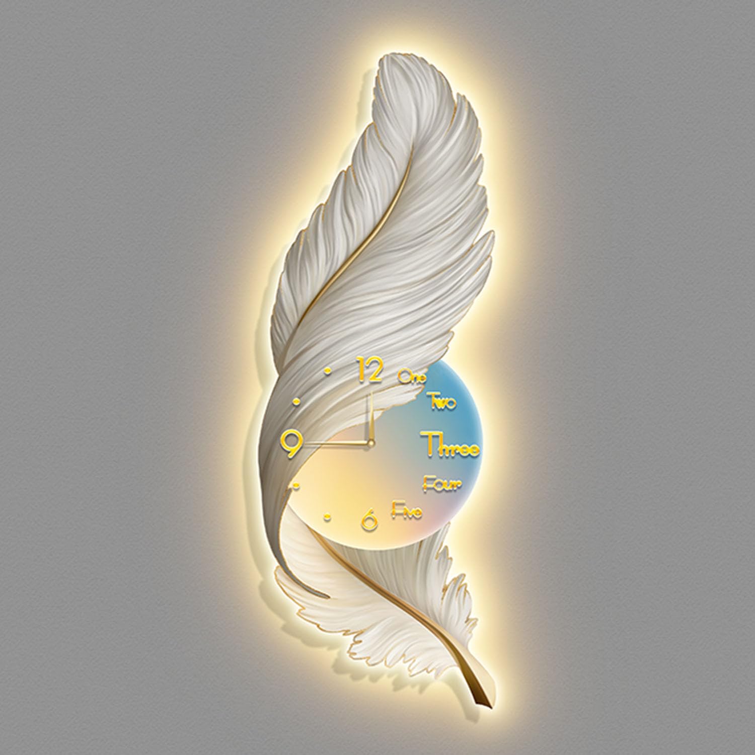 LMYSXAOZ Feather Wall Clock Decor with LED Light, Luxury Art Sculpture, Elegant Sconce for Living Dining Room Bedroom Hallway,B,54 * 150cm