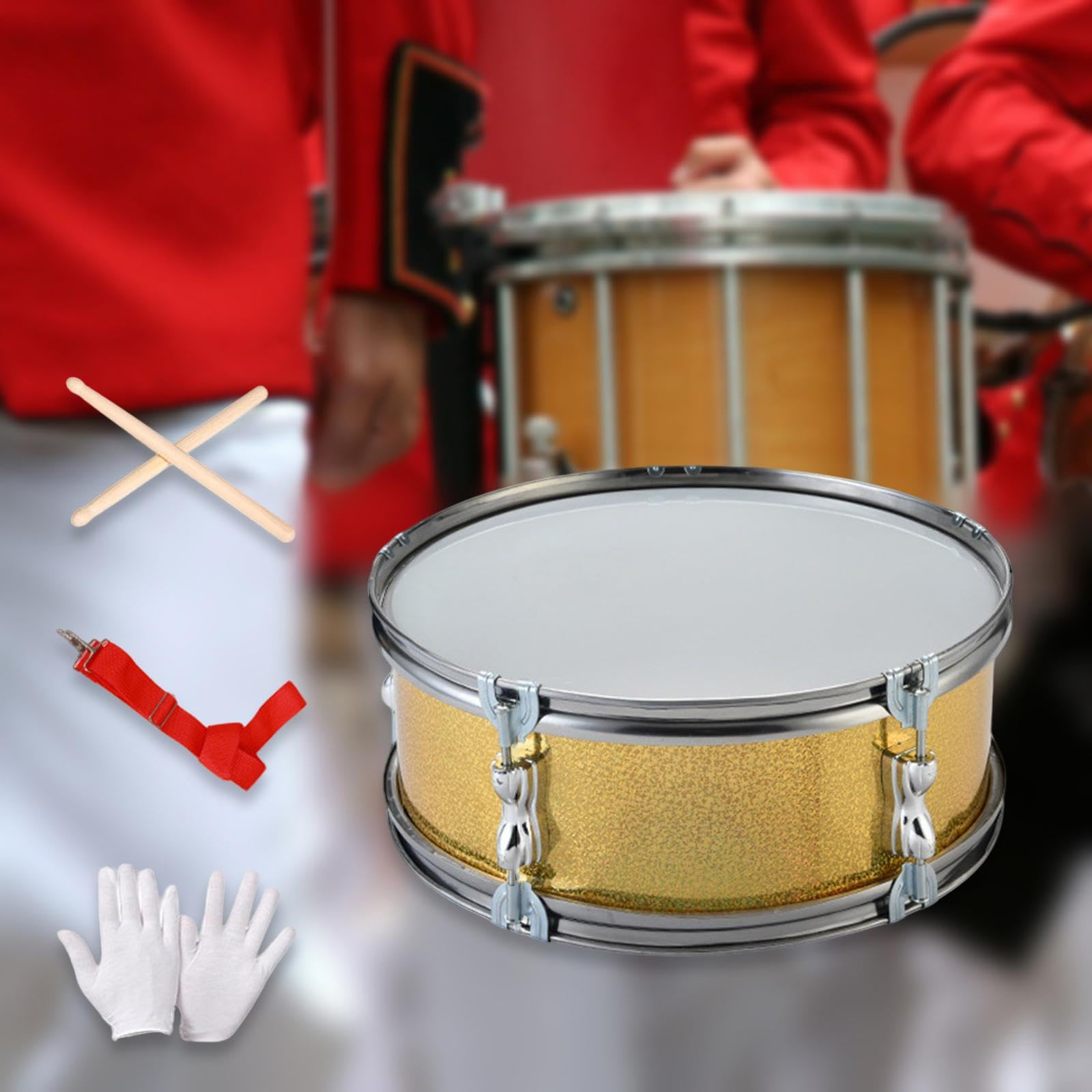 Rullante Monotono Pollici con Tracolla, Bacchette, Guanti E Tamburo - Tamburo a Cornice per Musica Tradizionale- D'oro