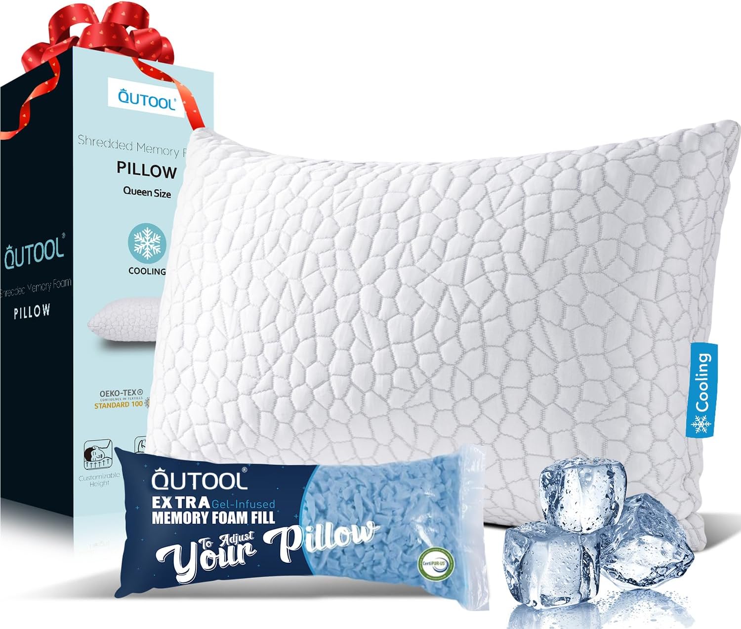 - QUTOOL Cooling Pillow for Sleeping, CertiPUR-US Shredded Memory Foam Queen Pillow Set of 1, Cool Pillow for Hot Sleepers Adjustable Firm Pillow for Side, Back, Stomach Sleepers Soft Yet Support, White