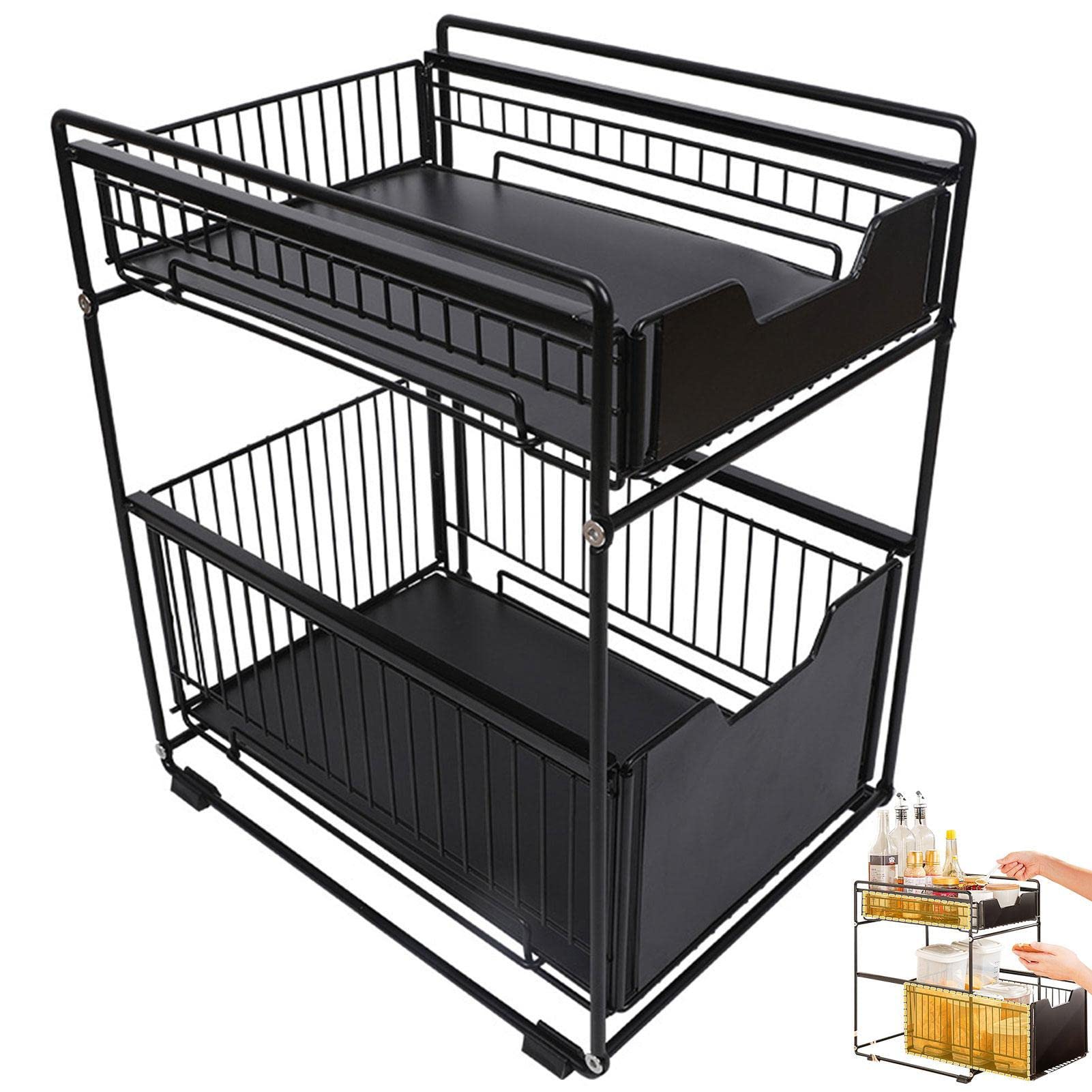 Sliding Cabinet Basket, 2 Tier Sliding Storage Basket, Multipurpose Storage Baskets with Drawer, Spice Rack, Sliding Basket Under Sink, Shelf