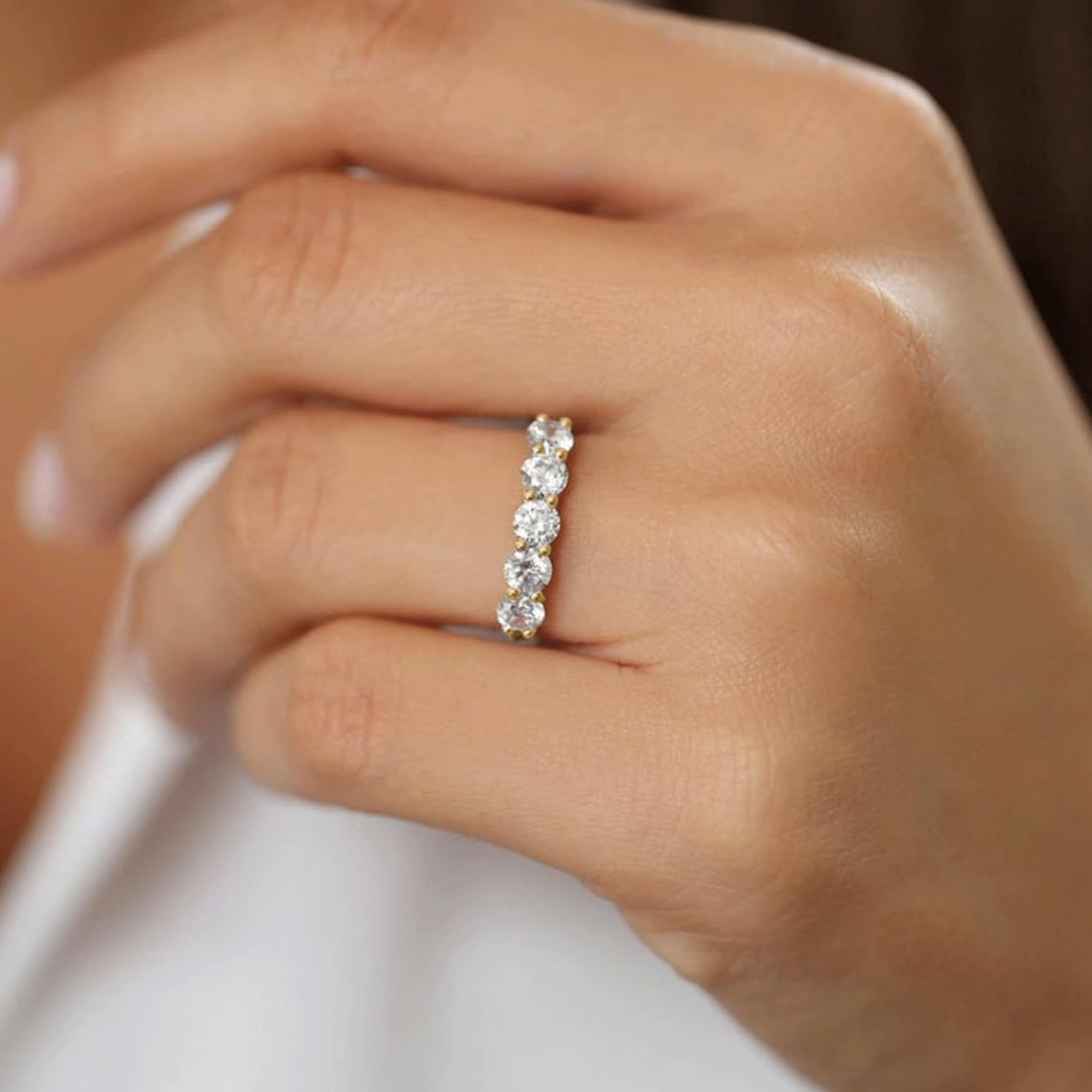 5 Stone Eternal Wedding Band Ring 14K Gold Plated 925 Sterling Silver Cubic Zirconia Stackable Ring Anniversary Promise Jewelry for Women Her Size 5-9 - Image 4