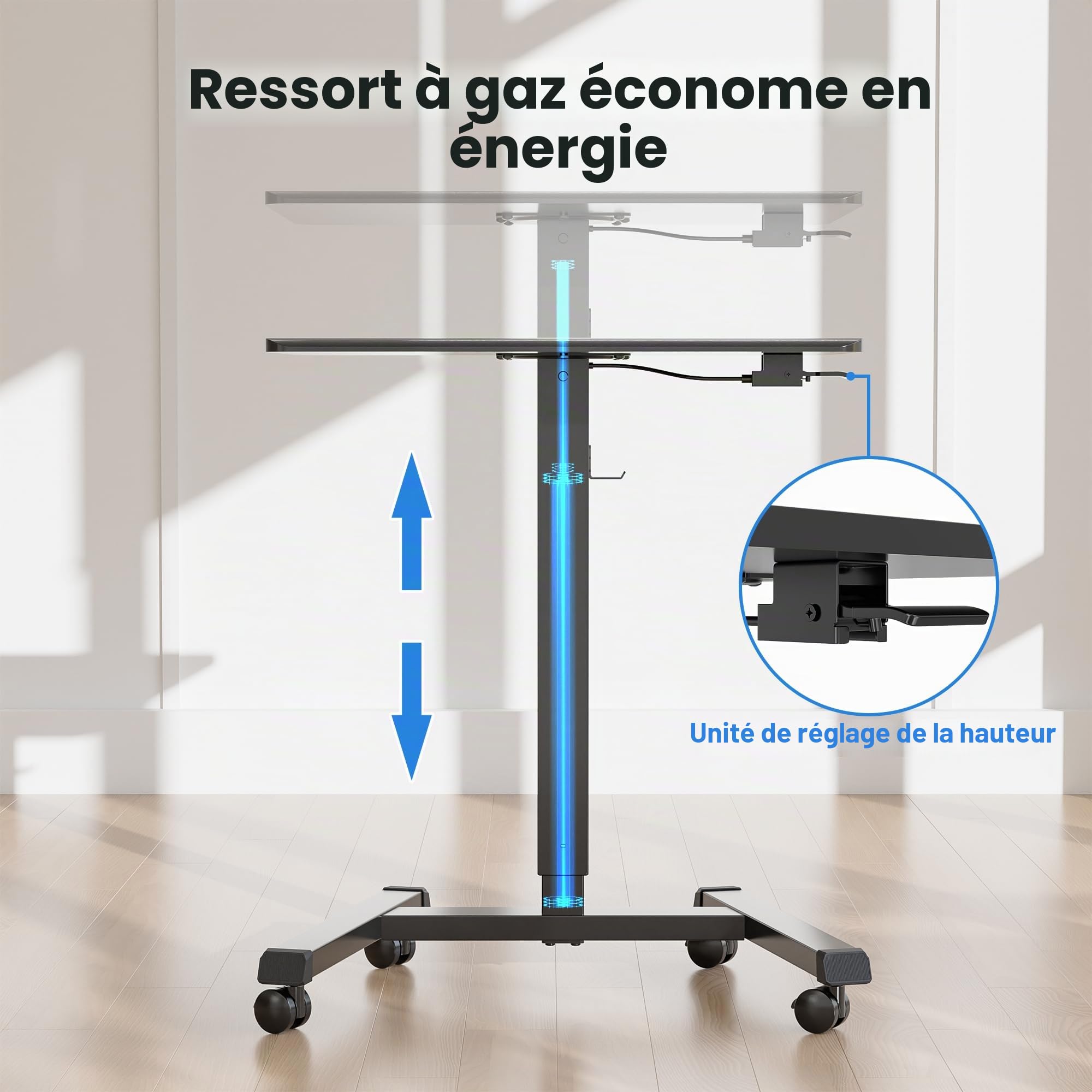 BONTEC Bureau Mobile Réglable en Hauteur, 65 × 45 cm, Table de Lit avec roulettes Verrouillables, Poste de Travail Assis-Debout pour Salon, Chambre, Bureau, Charge Maximale 15 kg, Noir