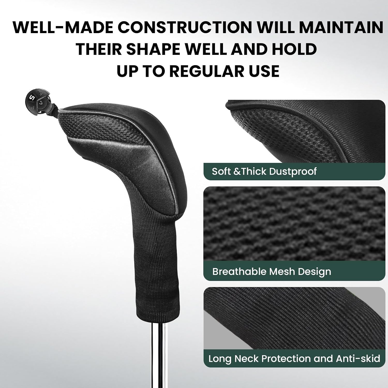 Premium Protection Golf Club Head Covers for Hybrids 1 or 3 Pack, Long Neck with Interchangeable Number Tag Style Accessories, Easy to Use Covers Gift Fit All Wood Hybrid Clubs (Black-3 Pack)