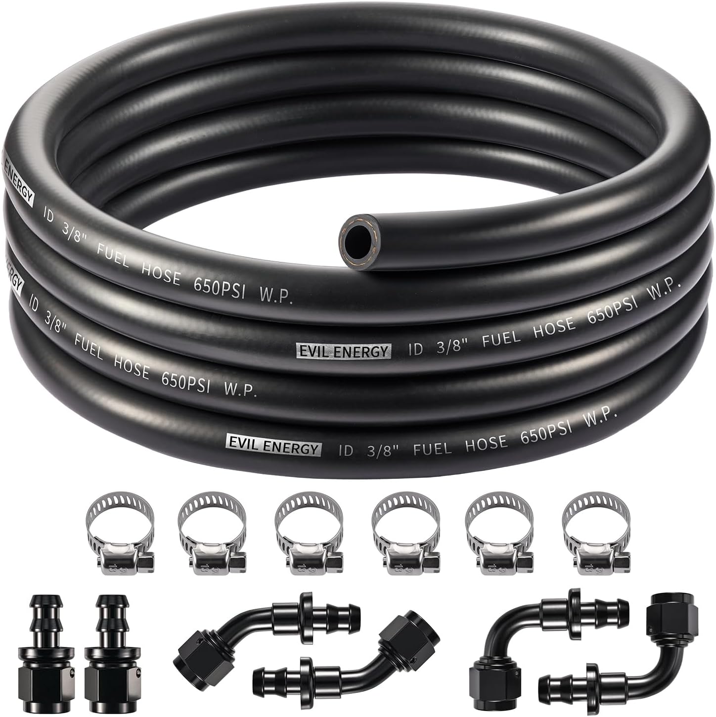 EVIL ENERGY 6AN 3/8 Fuel Line Kit, CPE Rubber 3/8 Fuel Hose with Push On Fittings and Hose Clamps 12PCS, 10FT Black