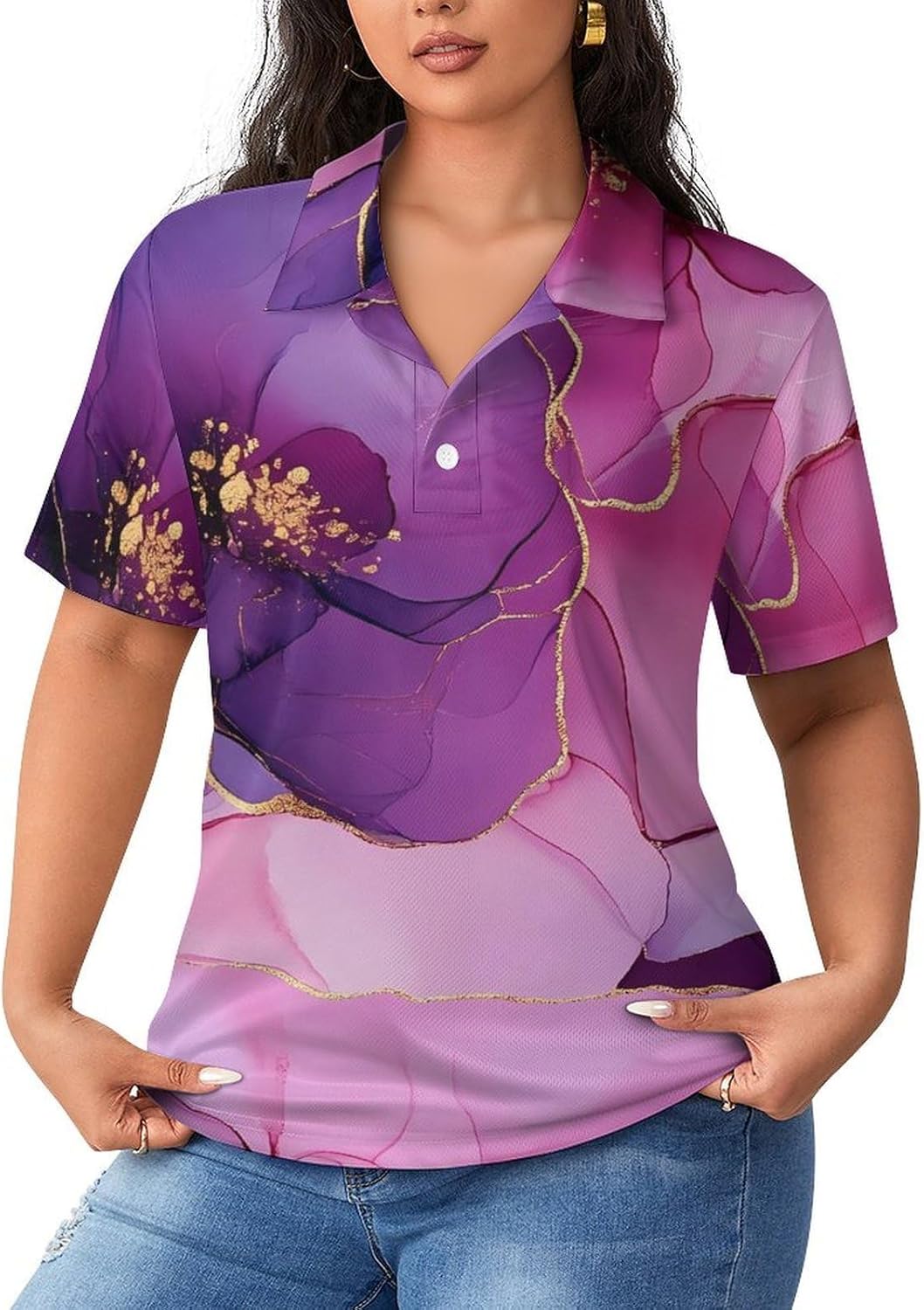 Marble Tie Dye Gradient Womens Golf Polo Shirts Summer Short Sleeve Collared 3 Buttons T Shirt Activewear Tops