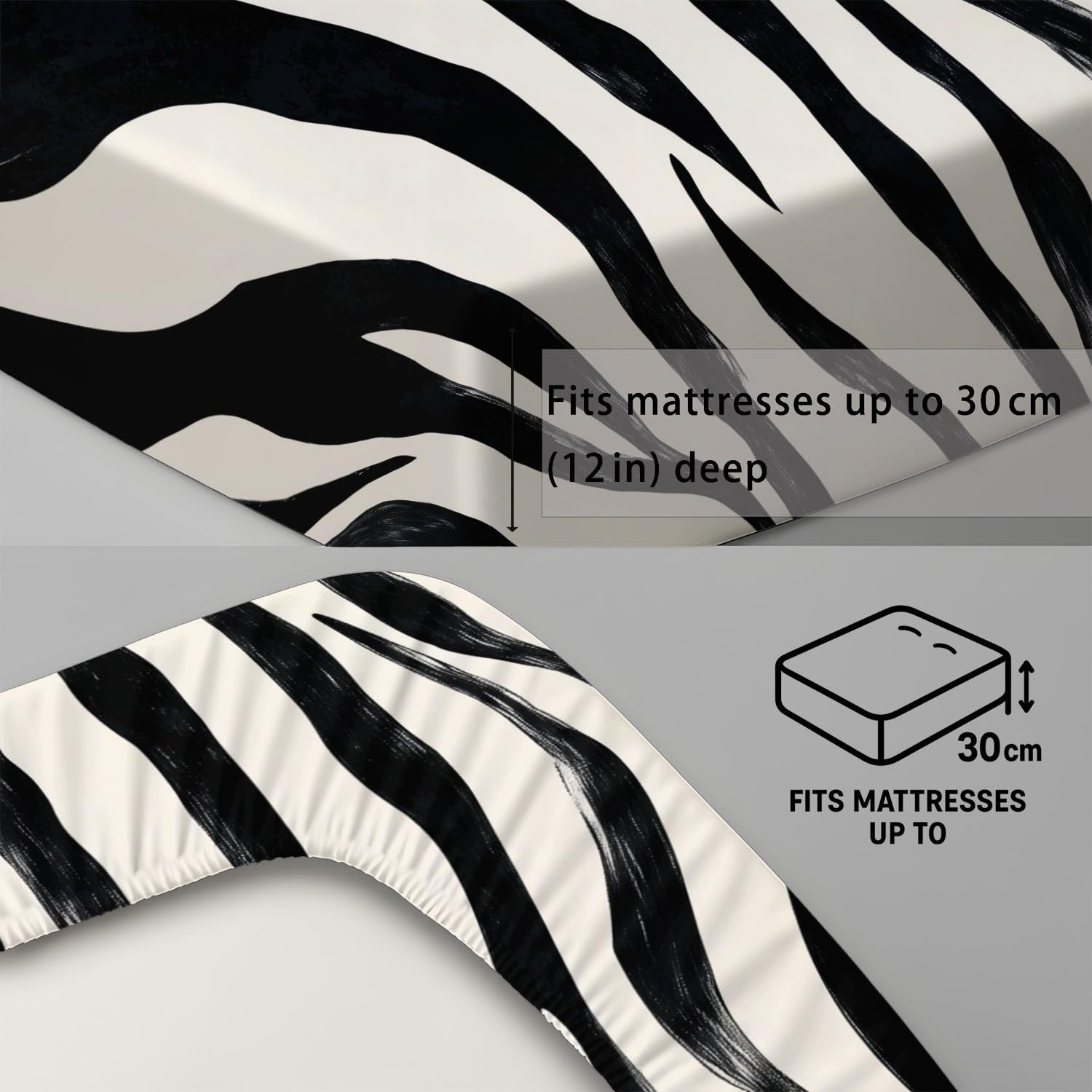 Minimalistisch Zebraprint Spannbetttuch Elegant Tiermuster Spannbettlaken 140 x 200 x 30 cm 3teilig Mikrofaser Bettwäsche Set mit 2 Kissenbezüge 80 x 80 cm Kein Flachbettlaken