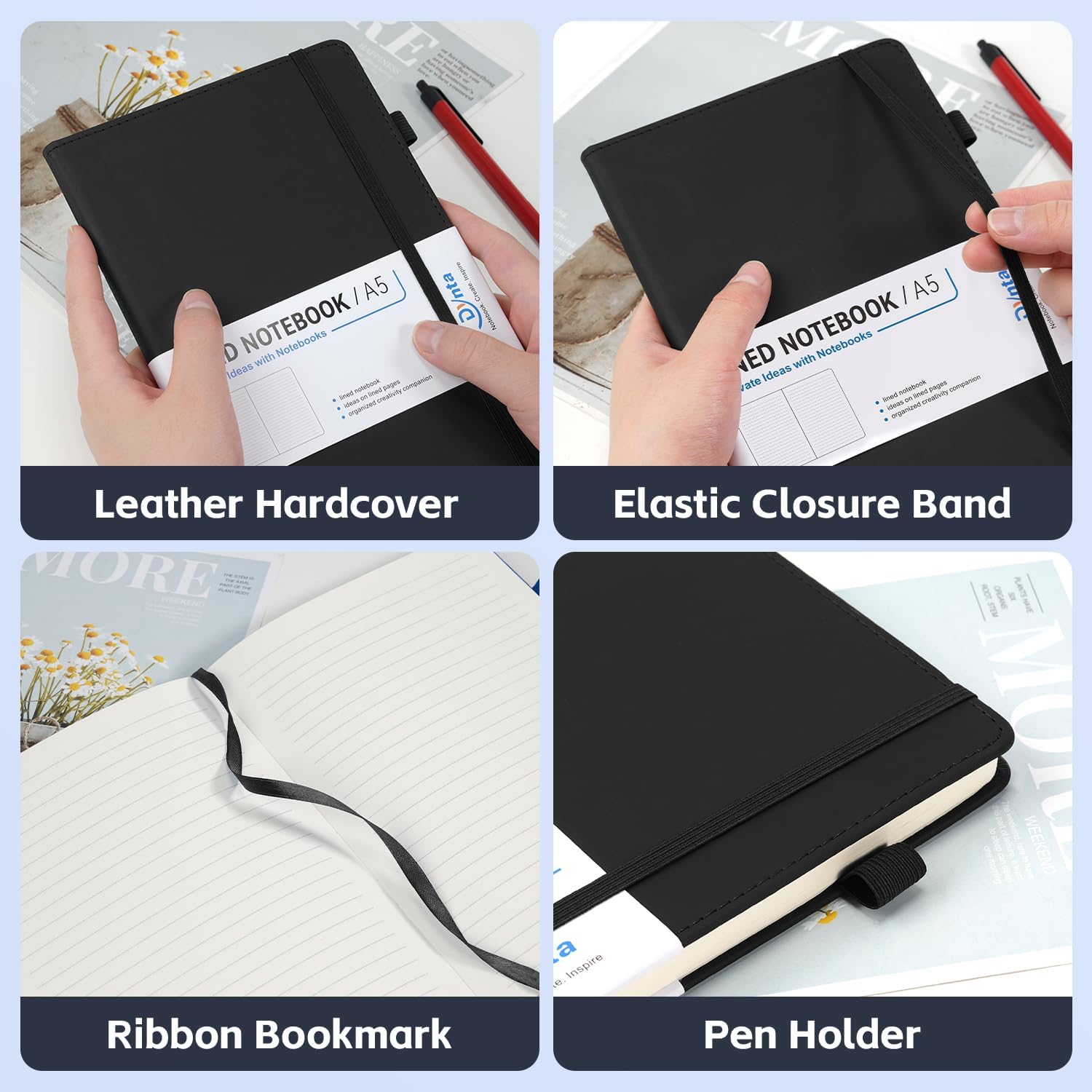 Dynta Hardcover Journal Notebooks 10 Pack A5 Lined Journals Bulk 5.8 x 8.4 Inch 160 Pages/80 Sheets College Ruled with Pen Loop Notebooks for Work, Writing, Note Taking (Black)