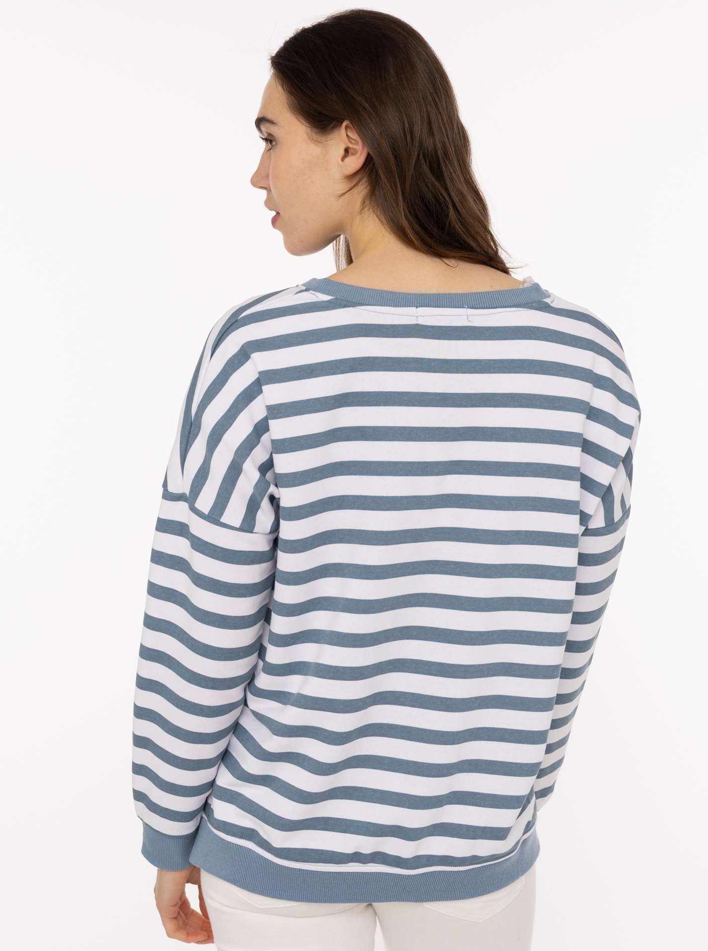 Zwillingsherz Damen Sweatshirt mit V-Ausschnitt – Gestreifter Sweater mit Herzmotiv – Kuscheliger Oversize Pullover – Weicher Sweatshirt Look für Frühling, Herbst & Winter – Loungewear Mode