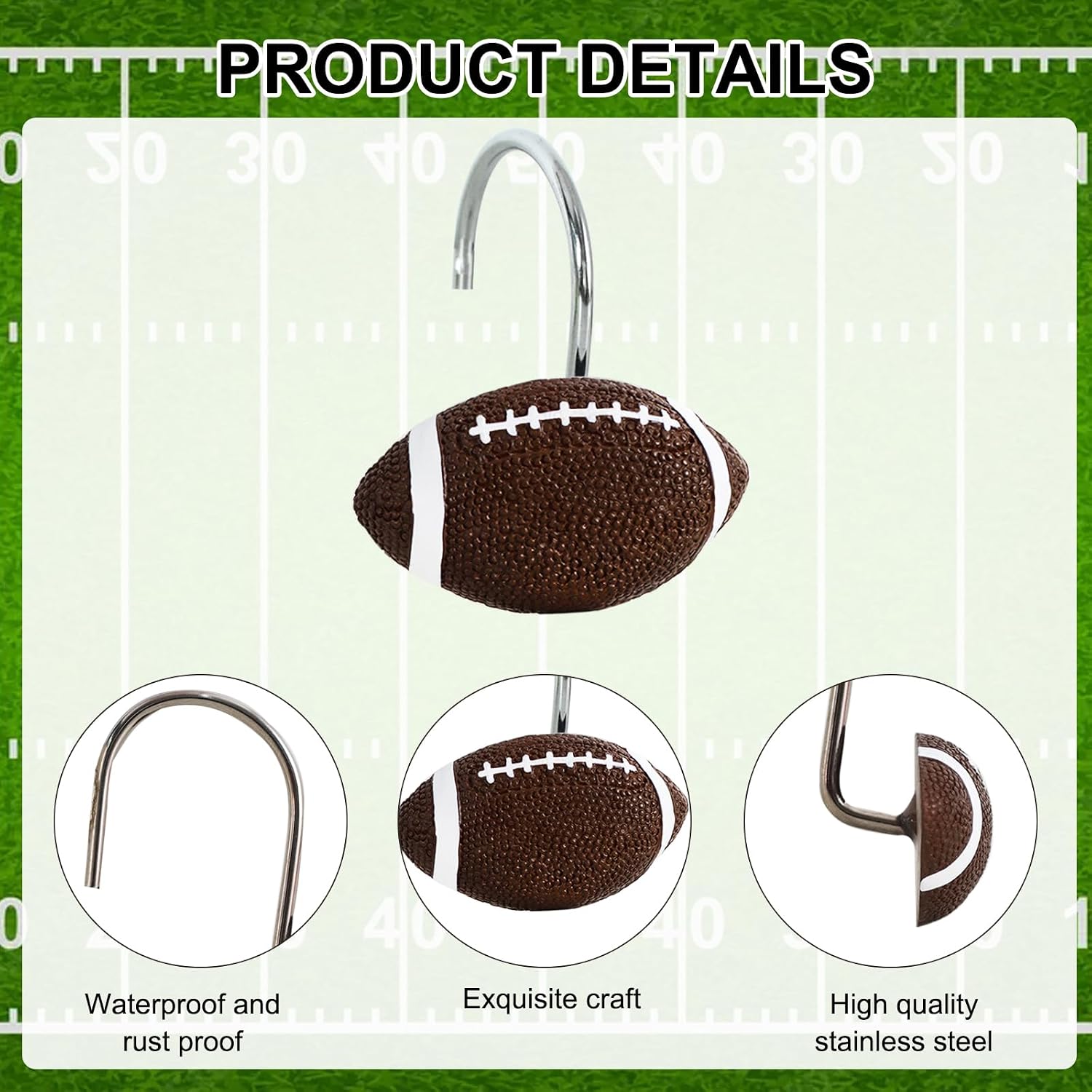 12-Piece Football Shower Curtain Hooks for Bathroom image 4