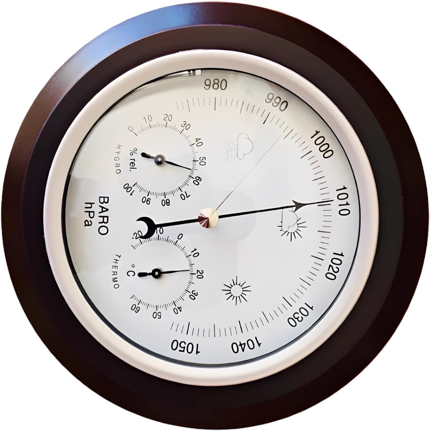 Multifunctional Traditional Barometer, 7.1 in Weather Station with Thermometer and Hygrometer, Wall-Mountable Design, Brown Finish