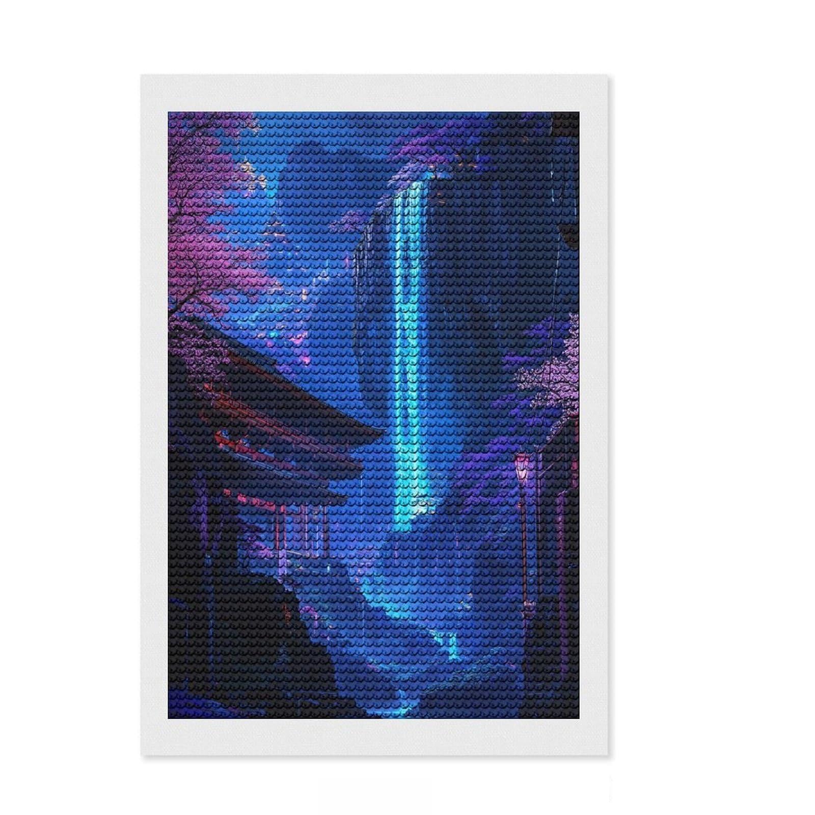Junmoney Neon Sakura Waterfall Art Diamond Painting Kit 8"x12", Neat Printed Canvas, Sparkling Round Gems, Fun Craft Experience, Office Decor