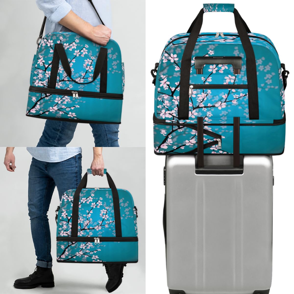 Bolsa de viaje plegable con estampado de flor de cerezo de 47 L, bolsa de fin de semana con funda de carrito de hombro separado para deportes, gimnasio, viajes, multicolor, 47L, Bolsa de viaje