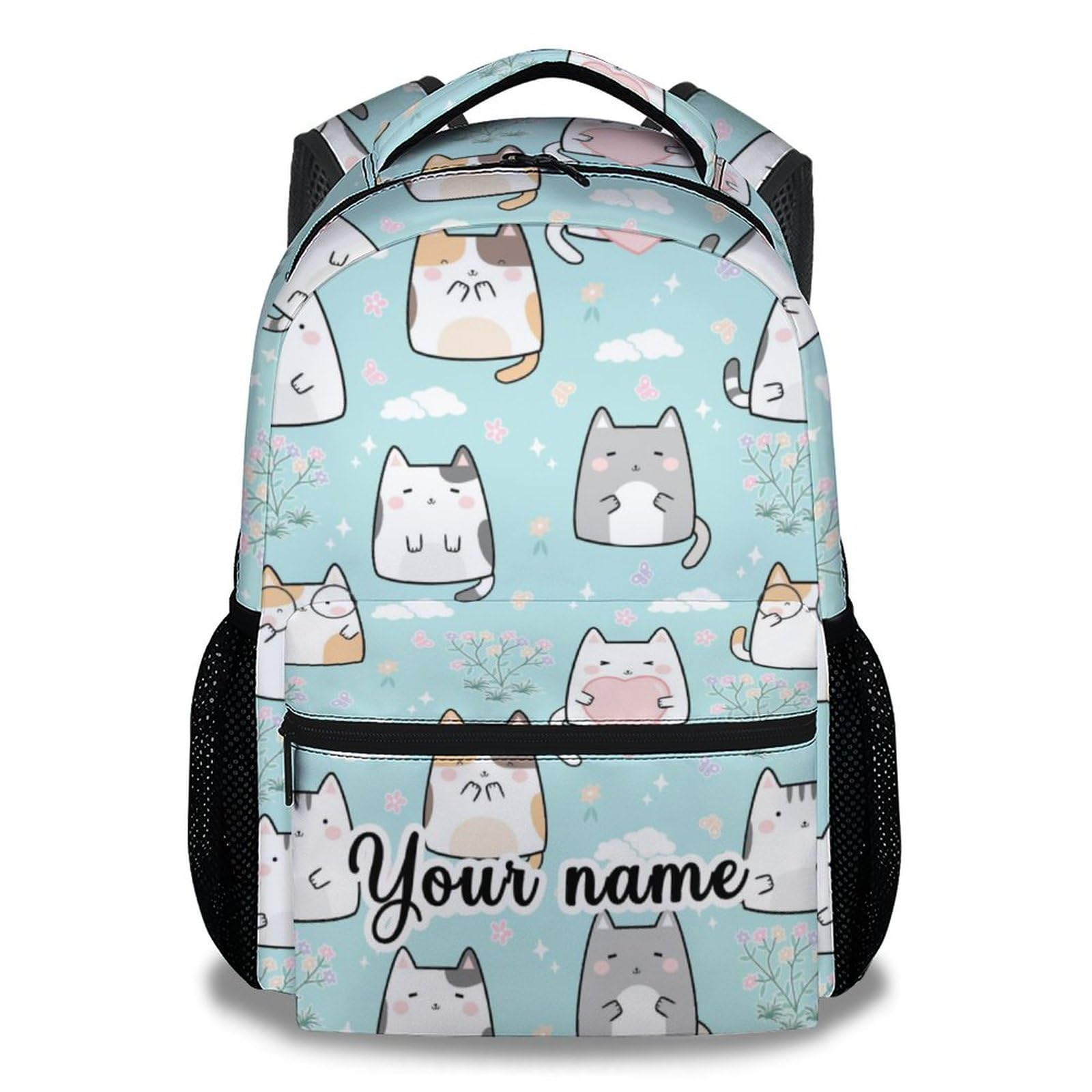 CUNEXTTIME Custom Cat Backpack for Girls Boys, 16 Inch Green Backpacks for School, Cute Lightweight Durable Bookbag for Kids