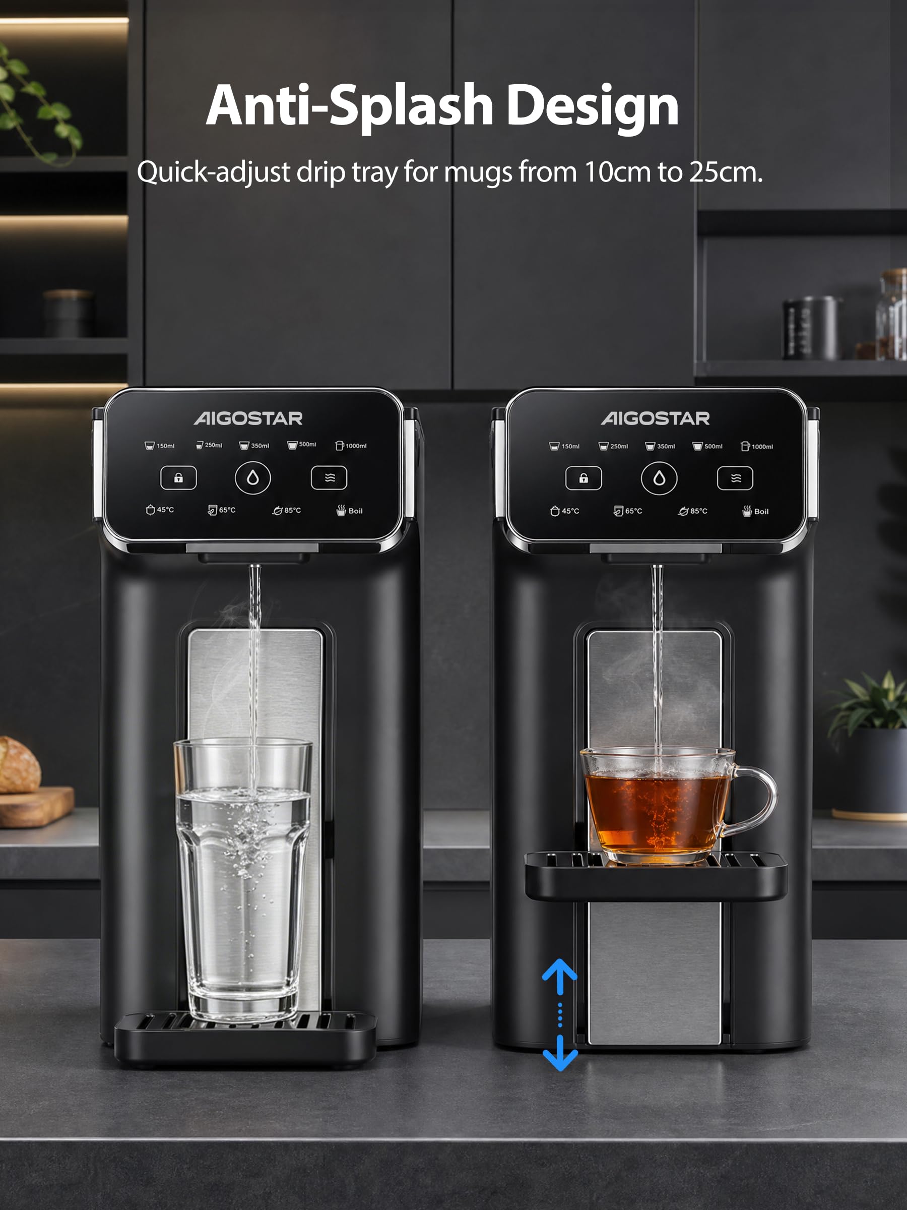 Aigostar - Distributeur d'Eau Chaude Instantané 3L Inox, Eau Chaude en 3 Secondes, 4 Températures Réglables 45-100°C, 5 Volumes 100-1000ml, Écran Tactile, Plateau Réglable en Hauteur, Sécurité Enfant