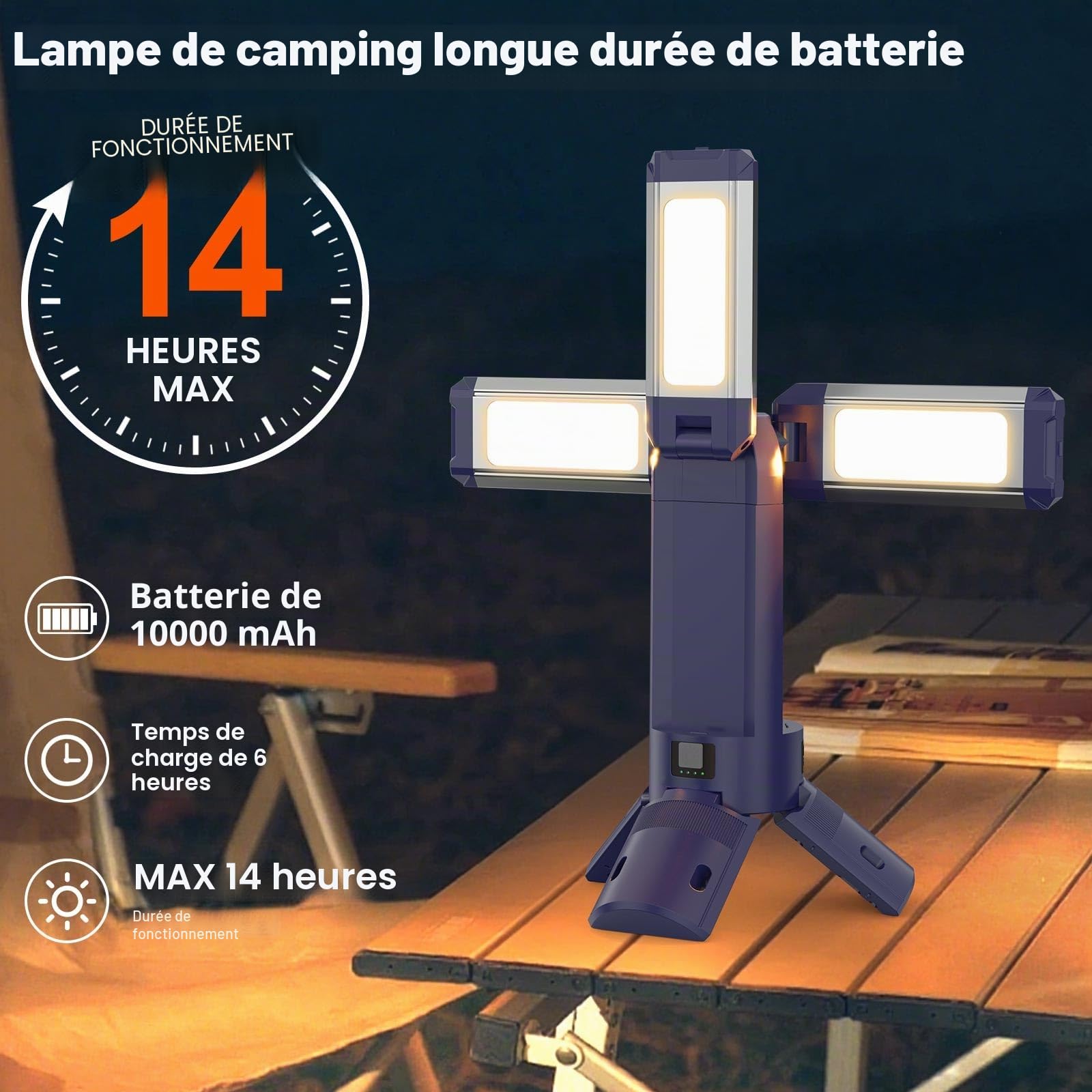 Lampe de Camping Télescopique Rechargeable 10000 Mah, 4000 Lm, Lanterne De Camping Portable en Aluminium Rotatives à 270°, Étanchéité IP45, Chaud/Blanc/Naturel, Température de Couleur Réglable