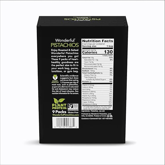 Wonderful Pistachios In Shell, Roasted & Salted Nuts, 1.5 Ounce Bag (Pack of 9), Protein Snacks, On-the-Go, Individually Wrapped Healthy Snacks for Adults