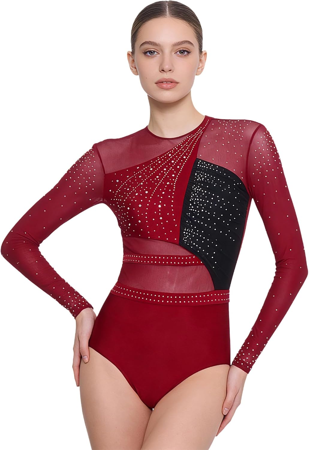 Women Long Sleeve Mesh Figure Skating Leotard Sparkly Rhinestones One-piece Gymnastics Unitard Dancewear