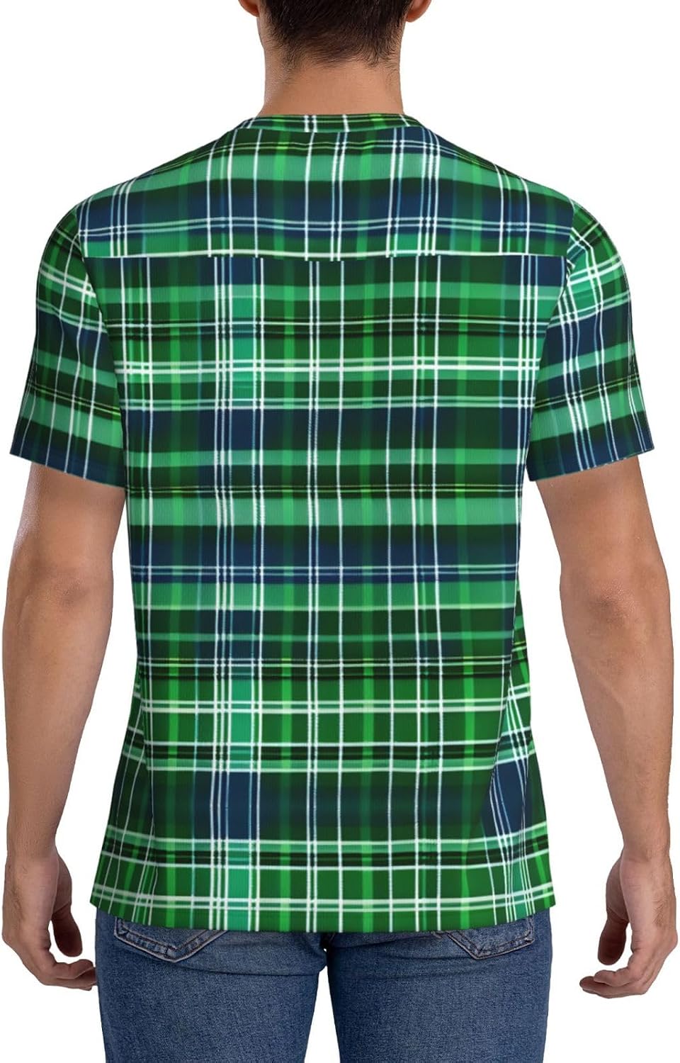 Blue and Green Scottish Tartan Rugby Football Jersey for Men, Comfortable V-Neck Loose Fit Top for Team Sports Athletics