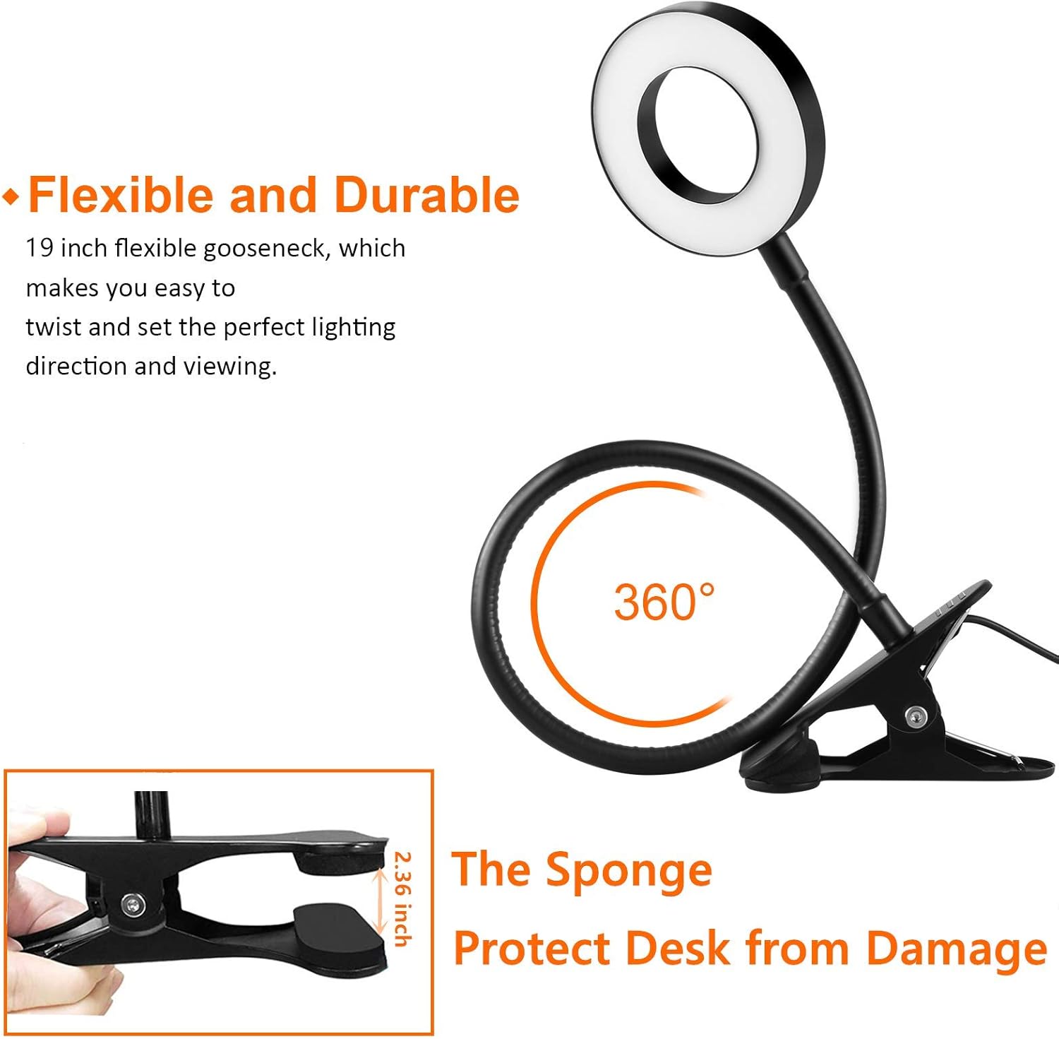Clip on Light Reading Lights , 48 LED USB Desk Lamp with 3 Color Modes 10 Brightness, Eye Protection Book Clamp Light , 360 ° Flexible Gooseneck Clamp Lamp for Desk Headboard and Video Conference : Tools & Home Improvement