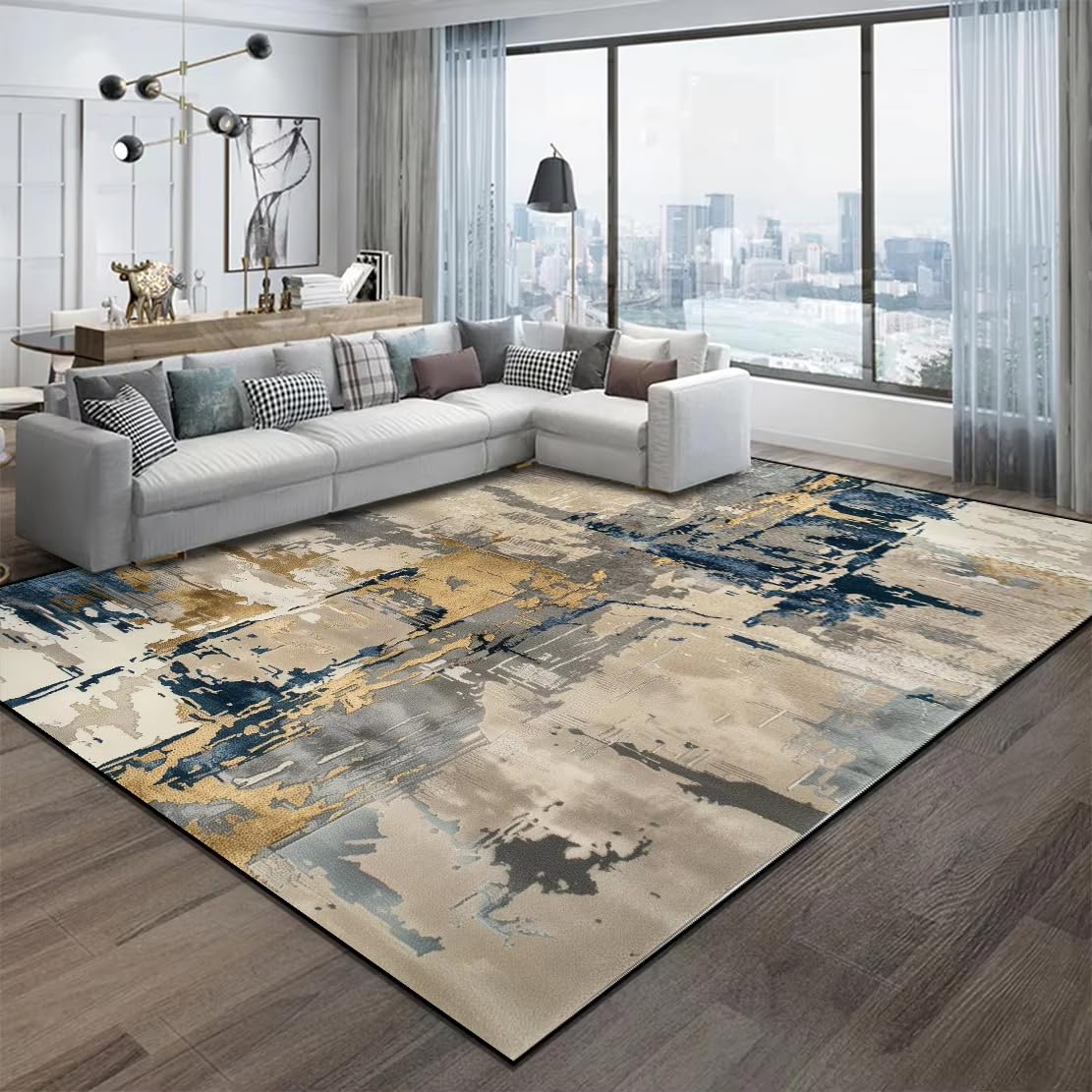 Tapis facile à nettoyer et lavable grand format style abstrait